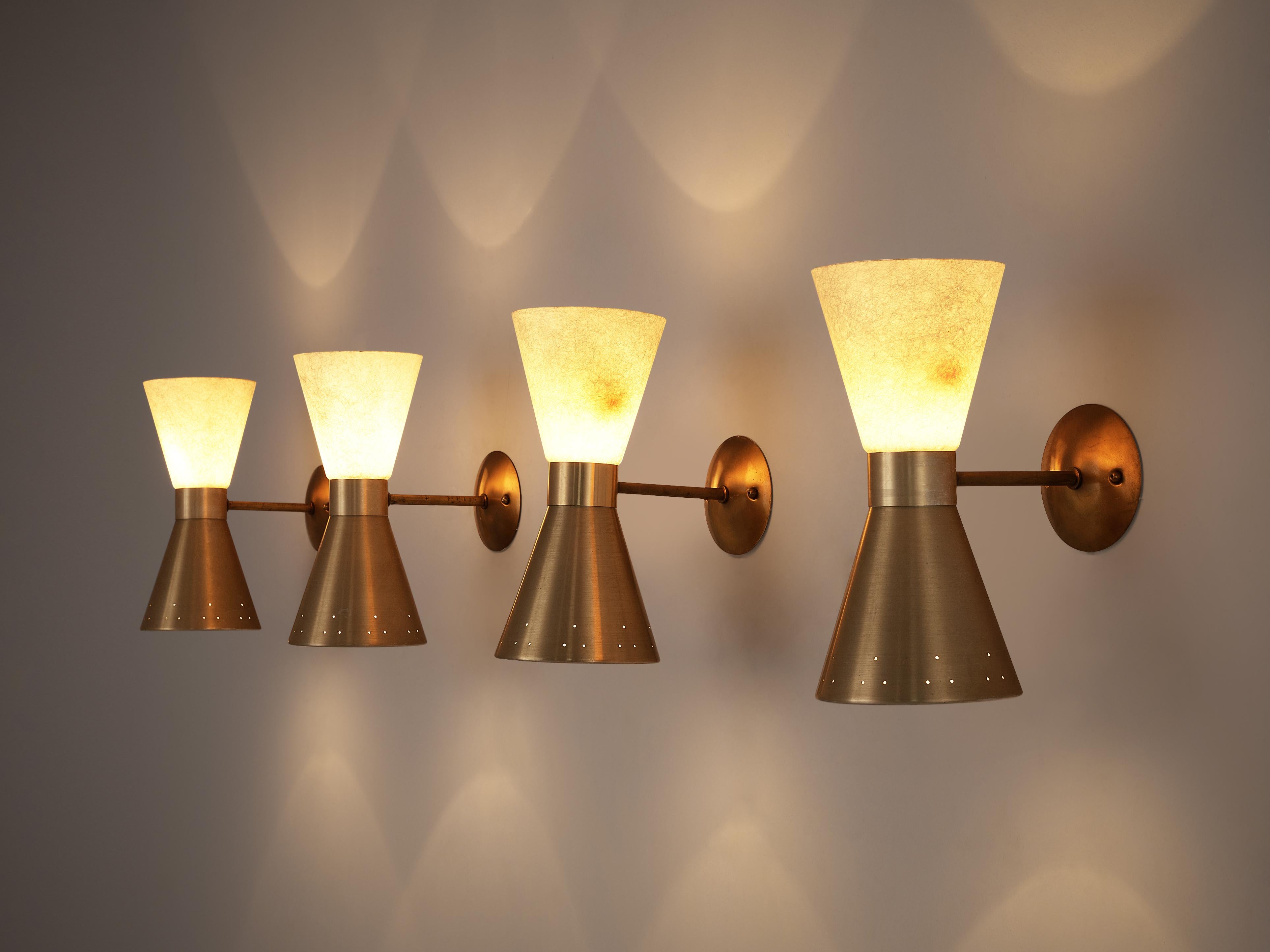 European Elegant Double-Cone Wall Lights in Brass and Fiberglass