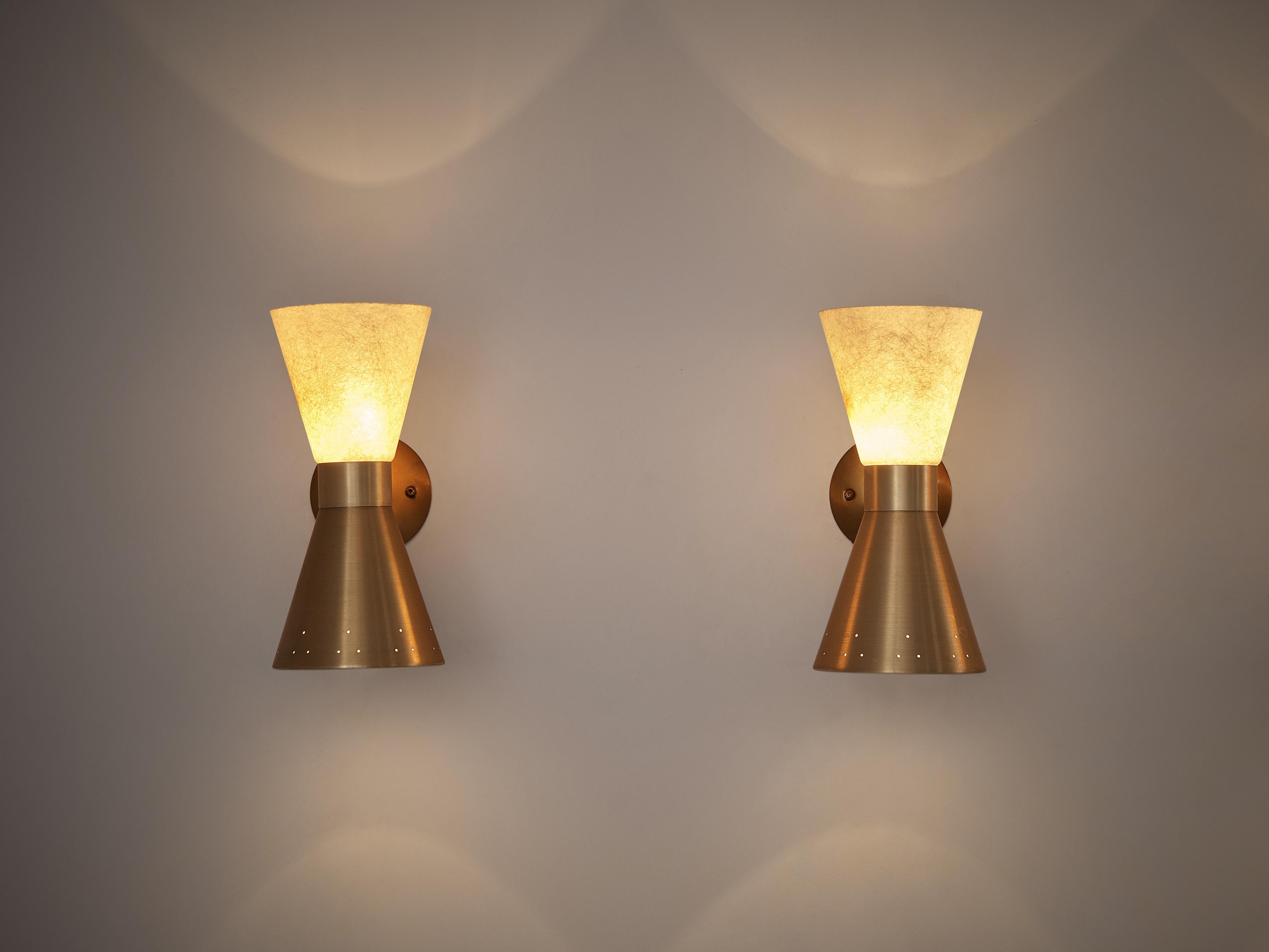 Elegant Double-Cone Wall Lights in Brass and Fiberglass 3