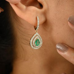 Elegant Double Halo Diamond Teardrop Emerald Drop Earrings in 18k Yellow Gold