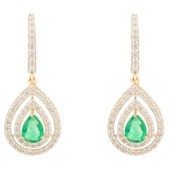 Elegant Double Halo Diamond Teardrop Emerald Drop Earrings in 18k Yellow Gold