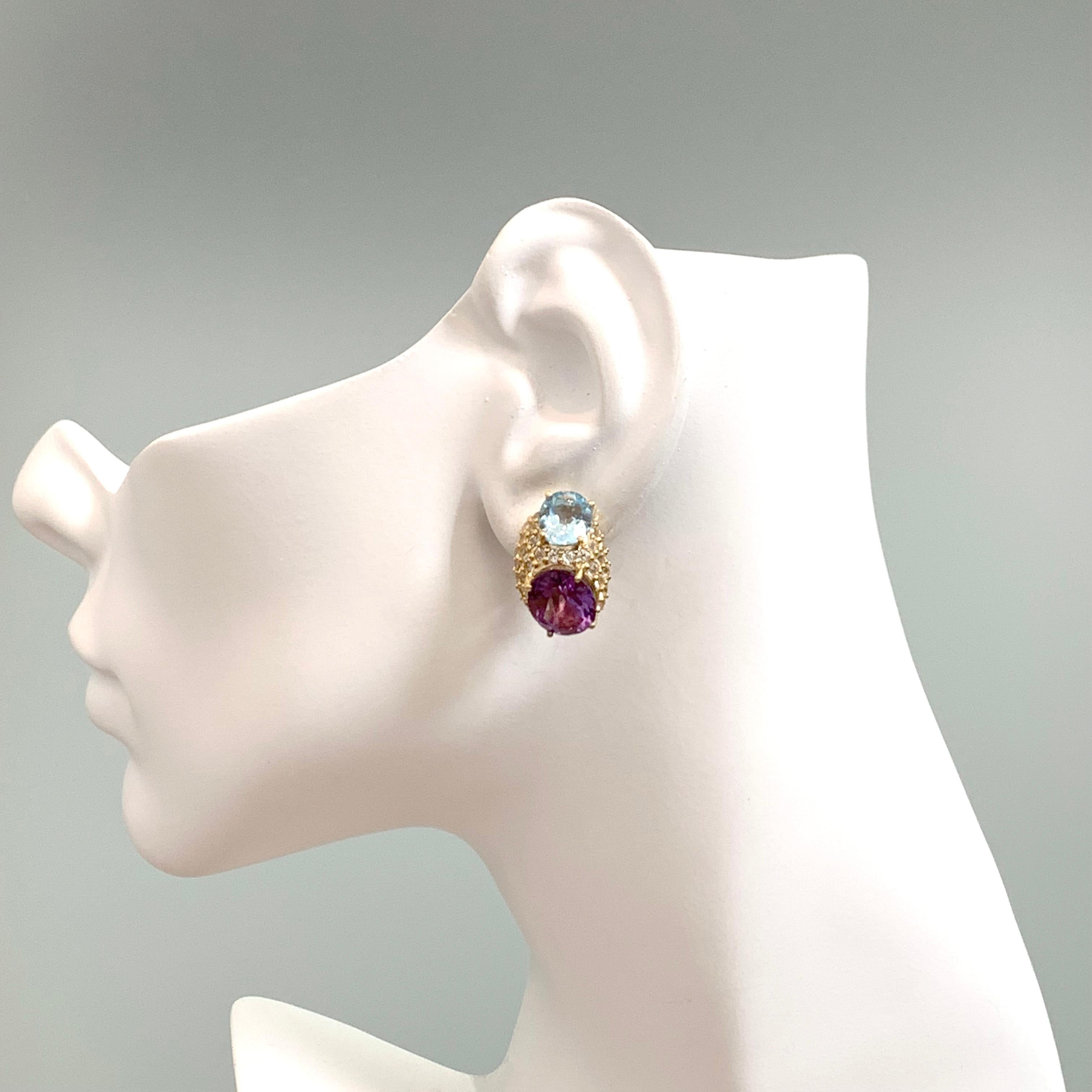 Contemporary Elegant Double Oval Blue Topaz and Amethyst with Pave Vermeil Earrings For Sale