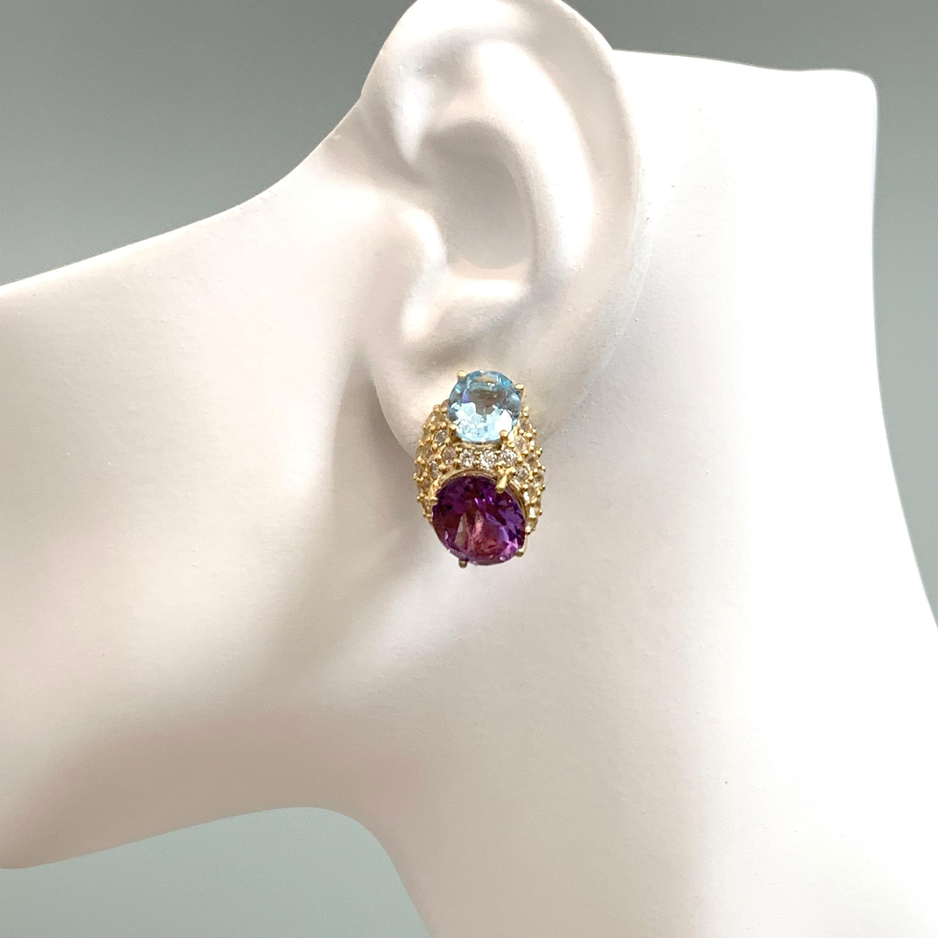 Oval Cut Elegant Double Oval Blue Topaz and Amethyst with Pave Vermeil Earrings For Sale