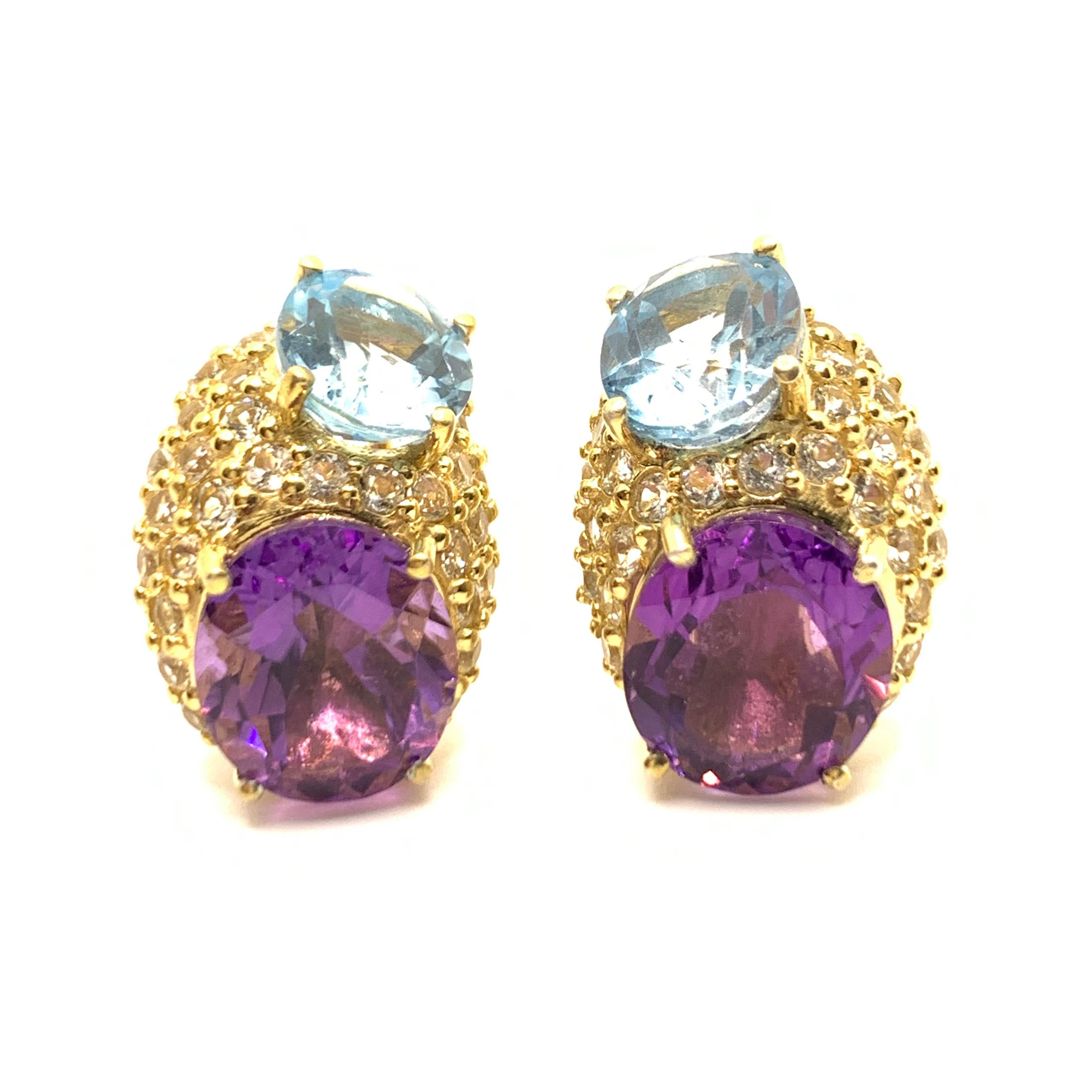 Elegant Double Oval Blue Topaz and Amethyst with Pave Vermeil Earrings In New Condition For Sale In Los Angeles, CA