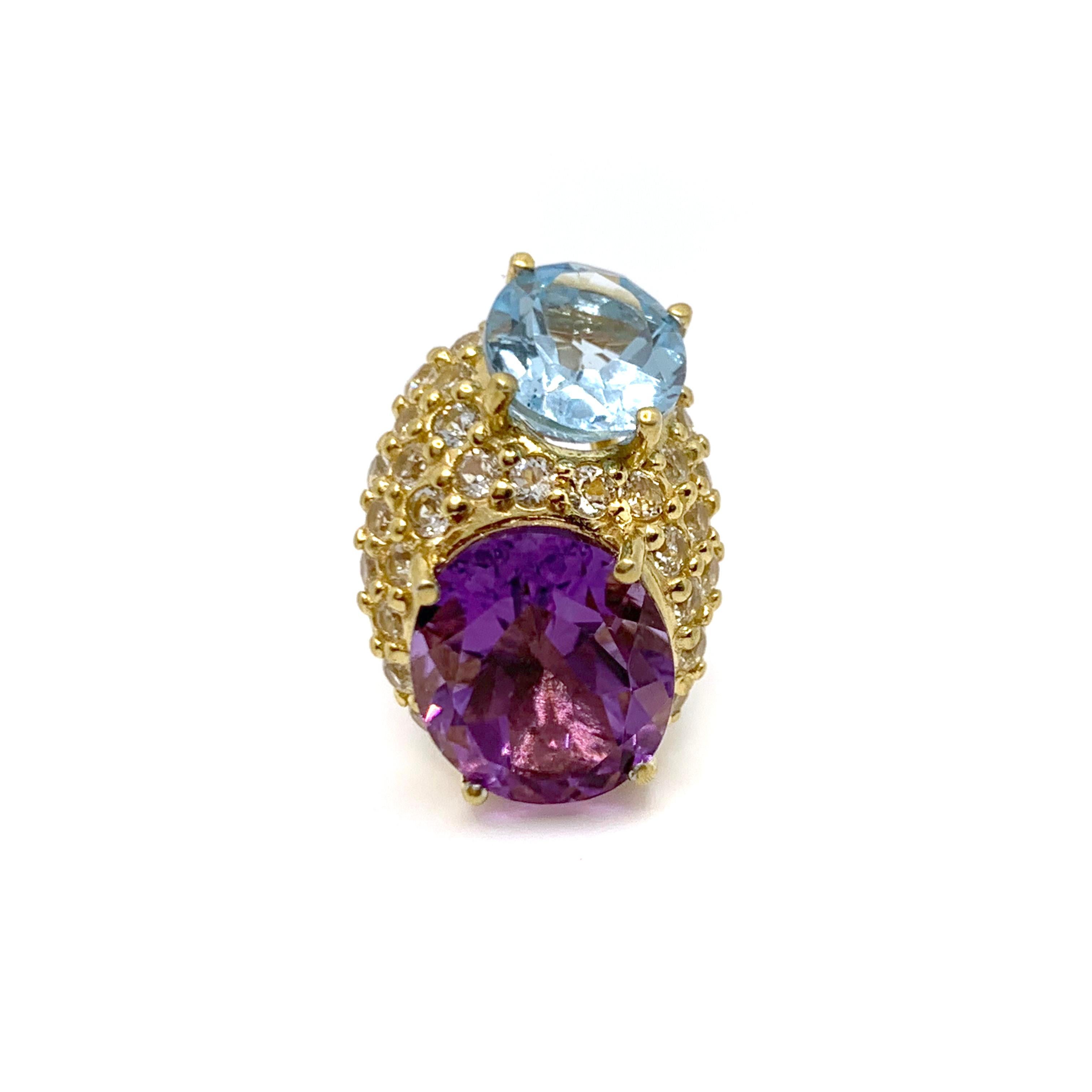 Women's or Men's Elegant Double Oval Blue Topaz and Amethyst with Pave Vermeil Earrings For Sale