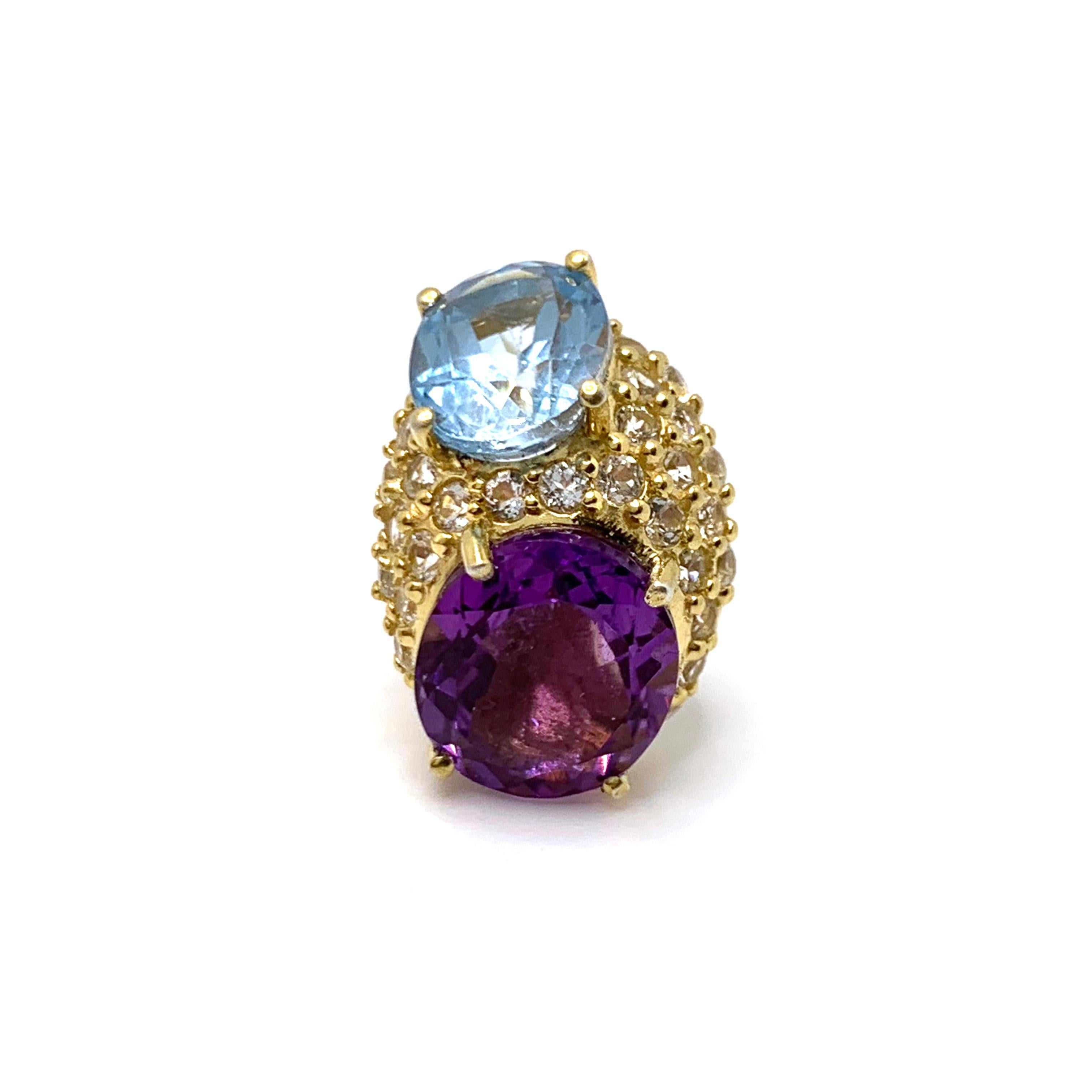 Elegant Double Oval Blue Topaz and Amethyst with Pave Vermeil Earrings For Sale 1