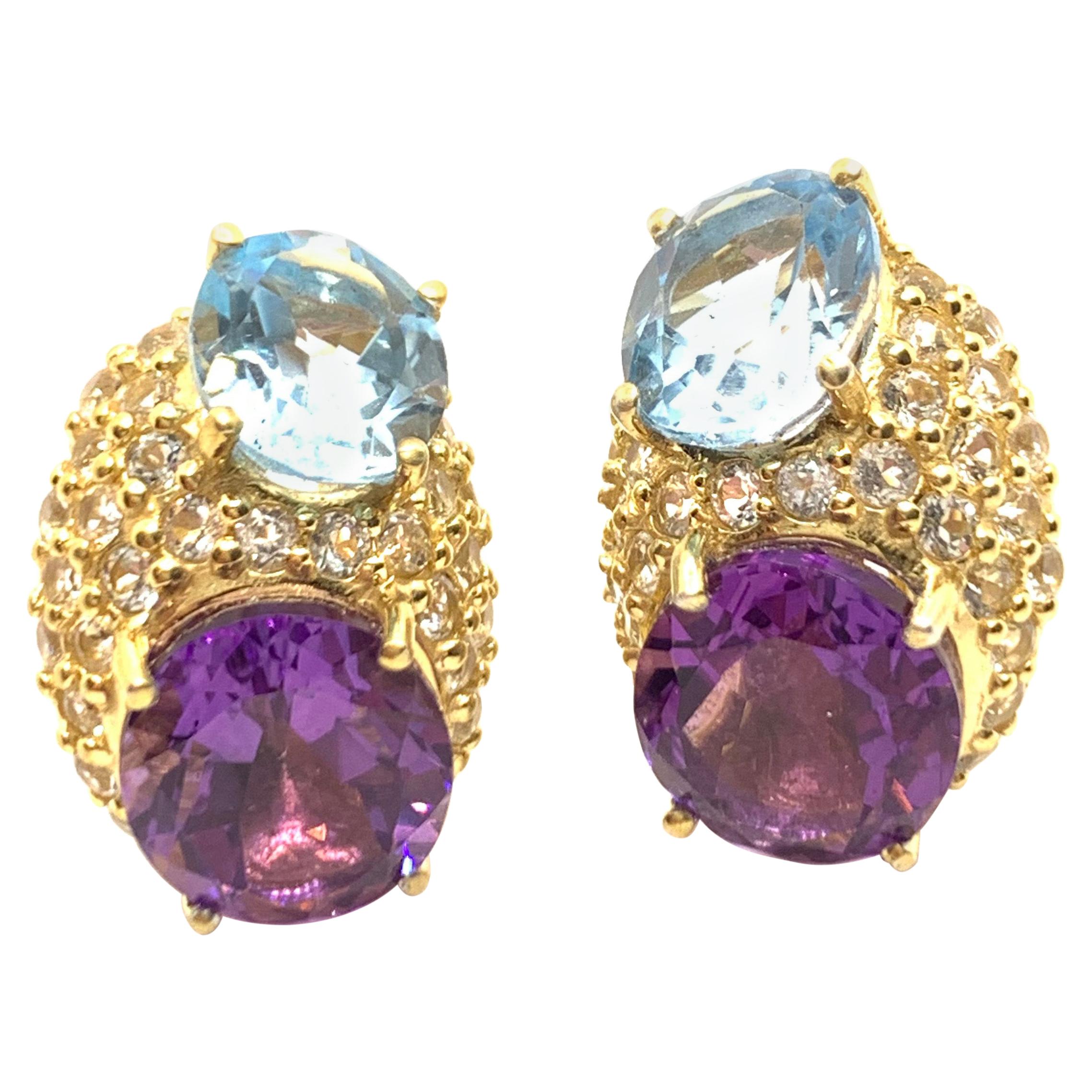 Elegant Double Oval Blue Topaz and Amethyst with Pave Vermeil Earrings For Sale