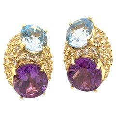 Elegant Double Oval Blue Topaz and Amethyst with Pave Vermeil Earrings