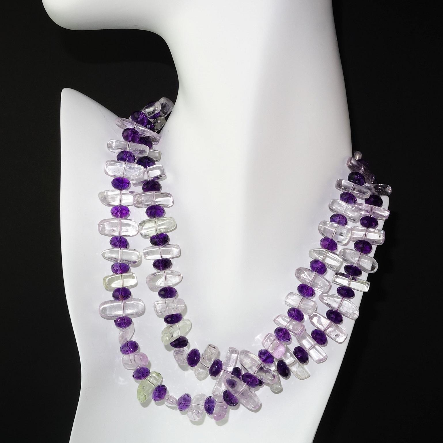 Handmade, elegant 17 Inch double strand necklace of highly polished Kunzite, in approximately 20 x 8 MM rod shapes mixed with flashing faceted 8 MM rondelles of Amethyst. This unique double strand necklace is secured with a Sterling Silver hook and