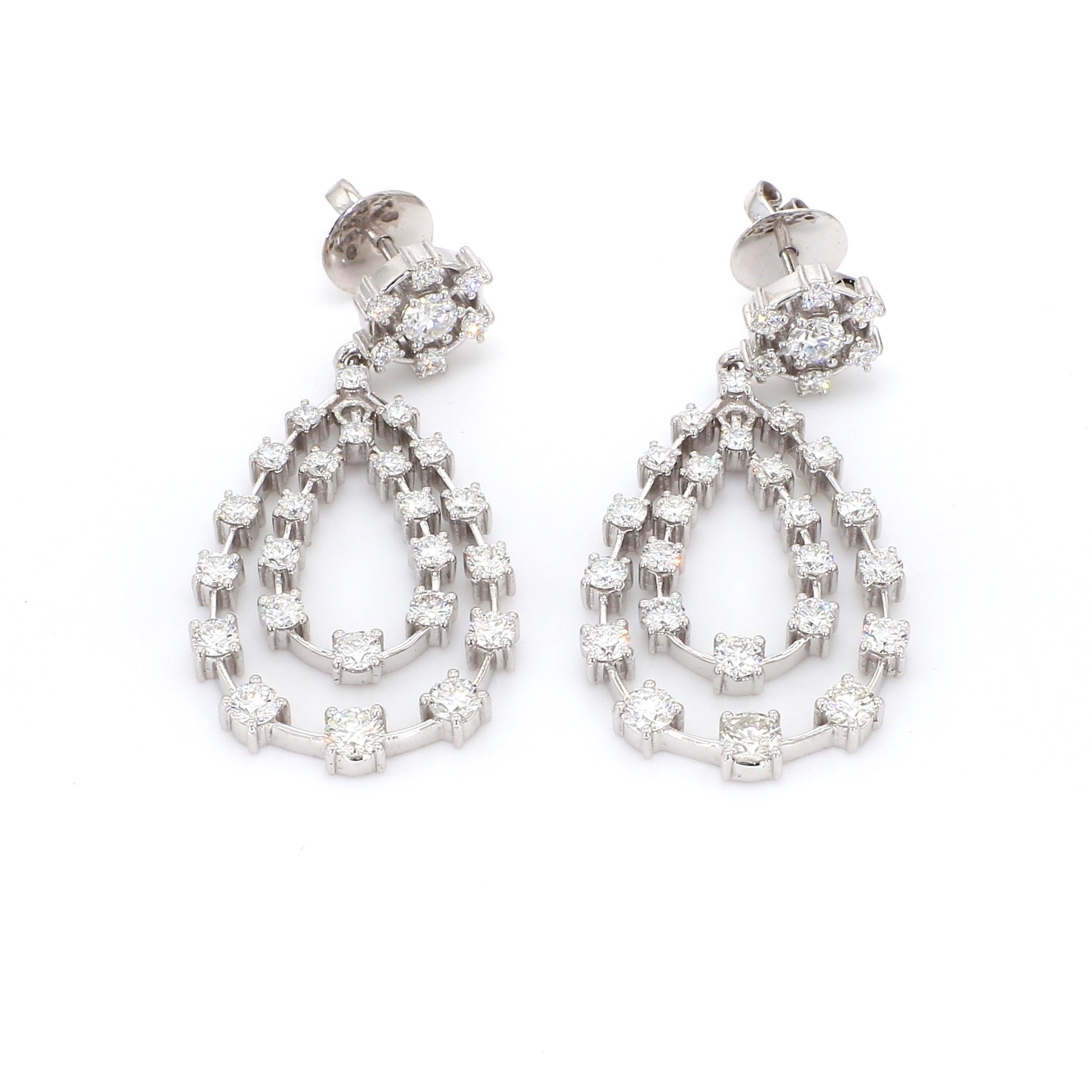 Elegant Double Teardrop Diamond Drop Earrings in 18K White Gold – 3.46 Carats For Sale