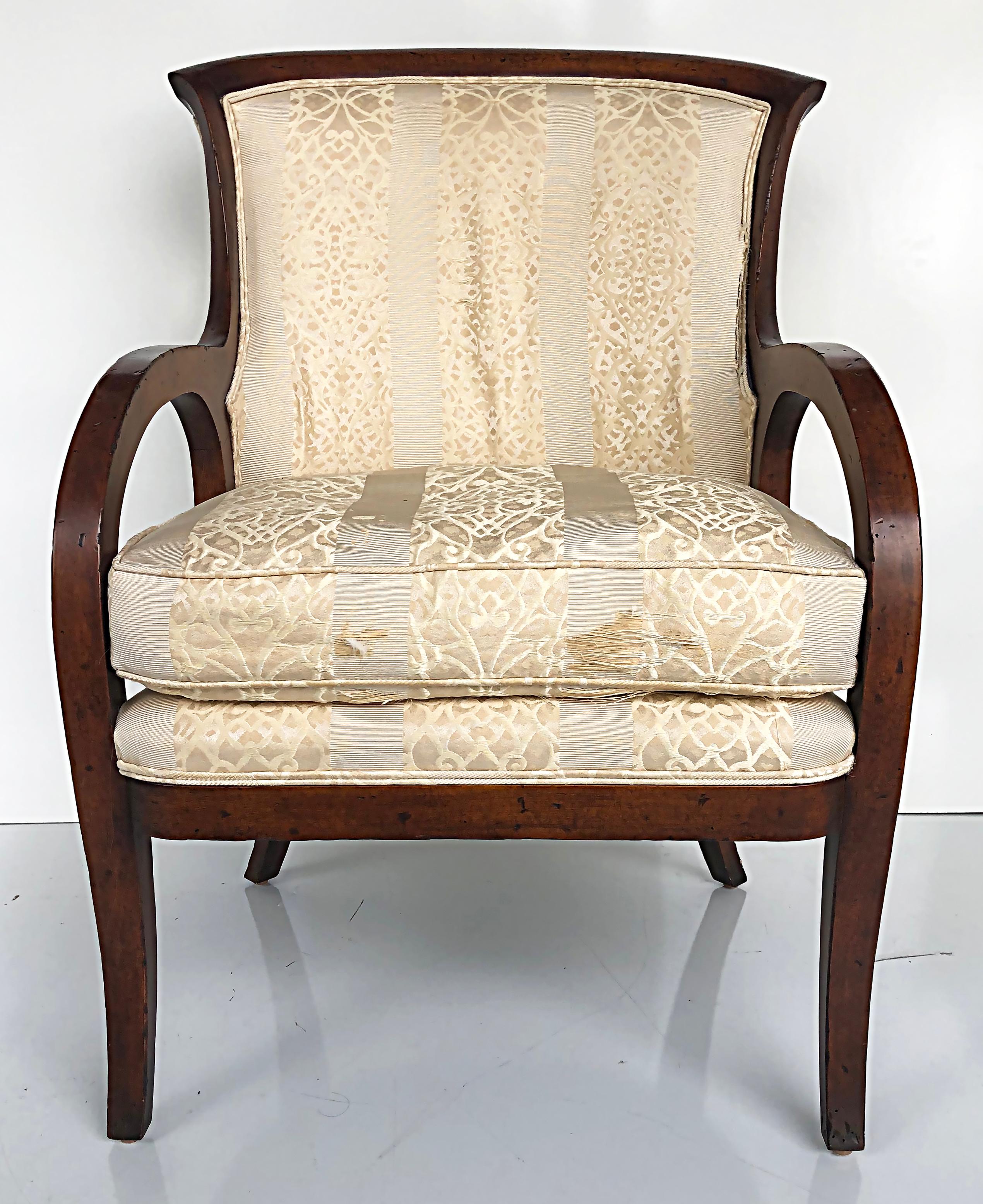 Elegant Down Club Chairs, Hancock and Moore Attributed, Require Upholstering

Offered for sale is a pair of late 20th-century fine quality club chairs with down-filled cushions. The pair is attributed to Hancock & Moore. The fabric is original and