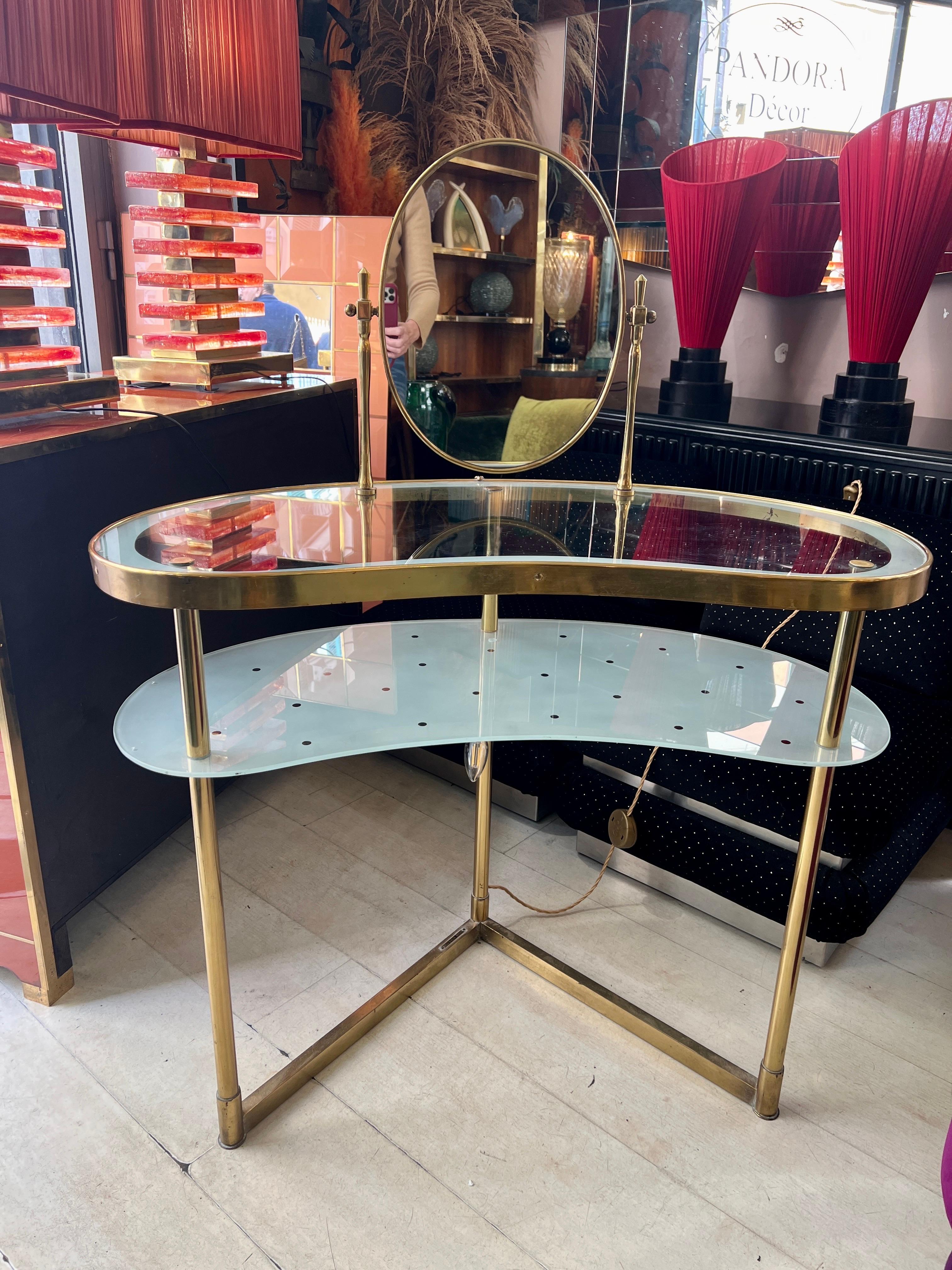 Brass Elegant dressing table/vanity with lighting designed by Luigi Brusotti 1950s