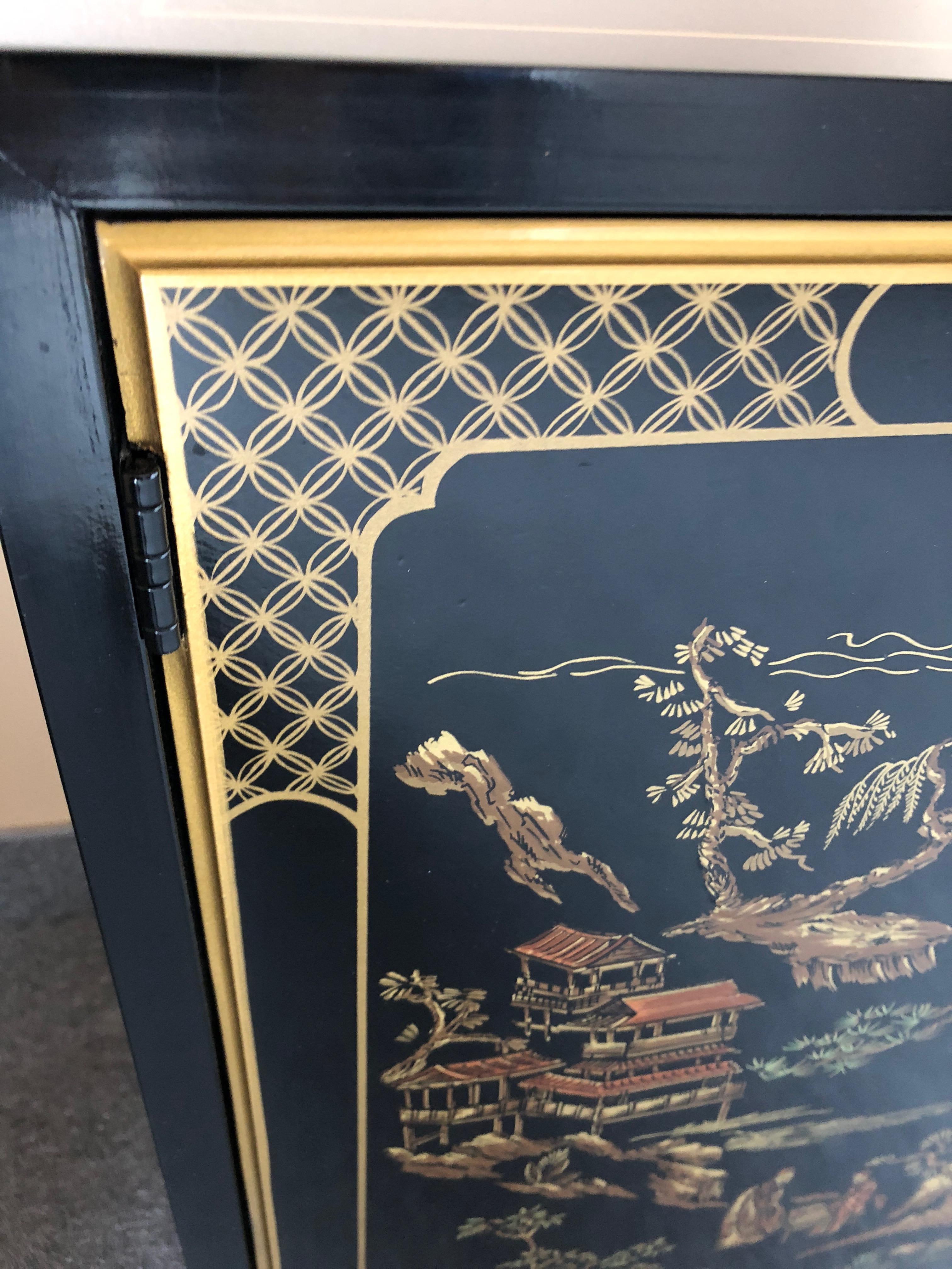 Elegant Drexel Heritage Black Chinoiserie Style Sleek Cabinet 4
