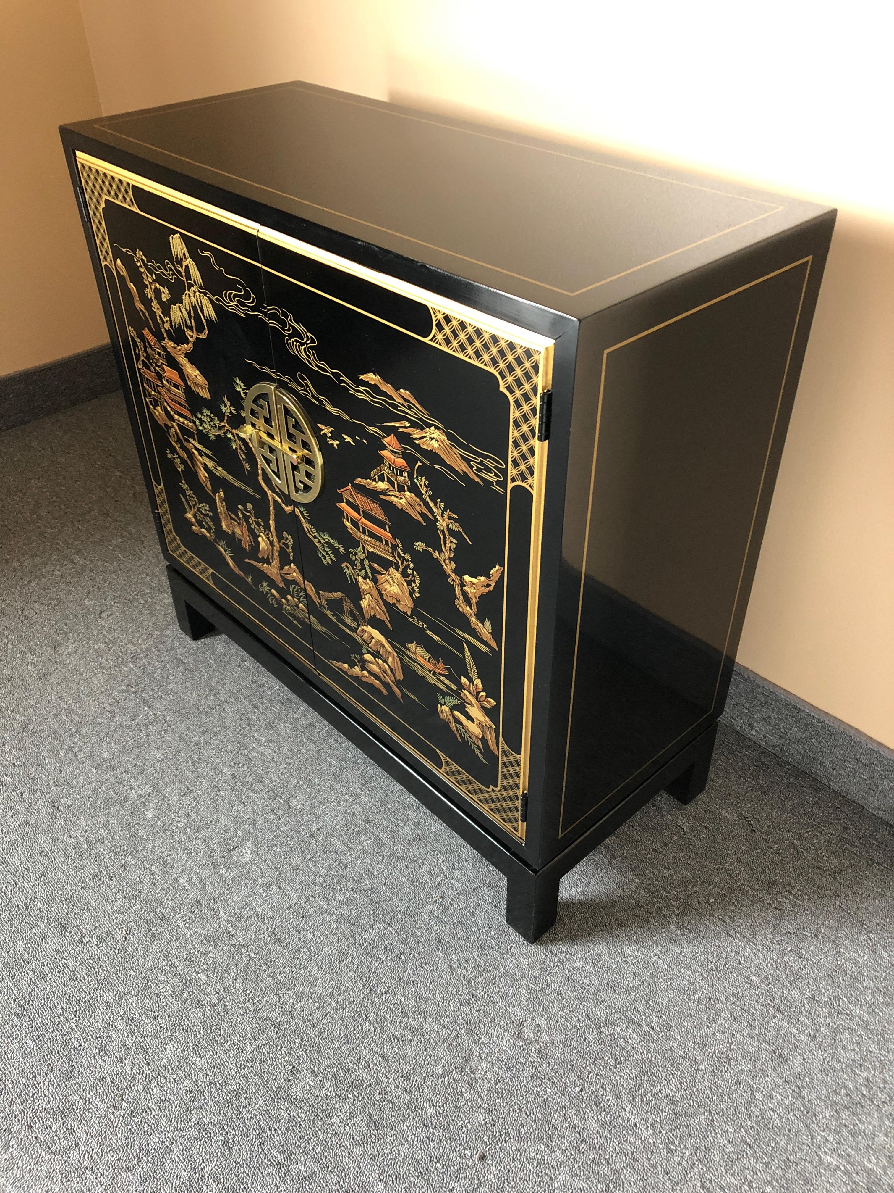 Elegant Drexel Heritage Black Chinoiserie Style Sleek Cabinet 1