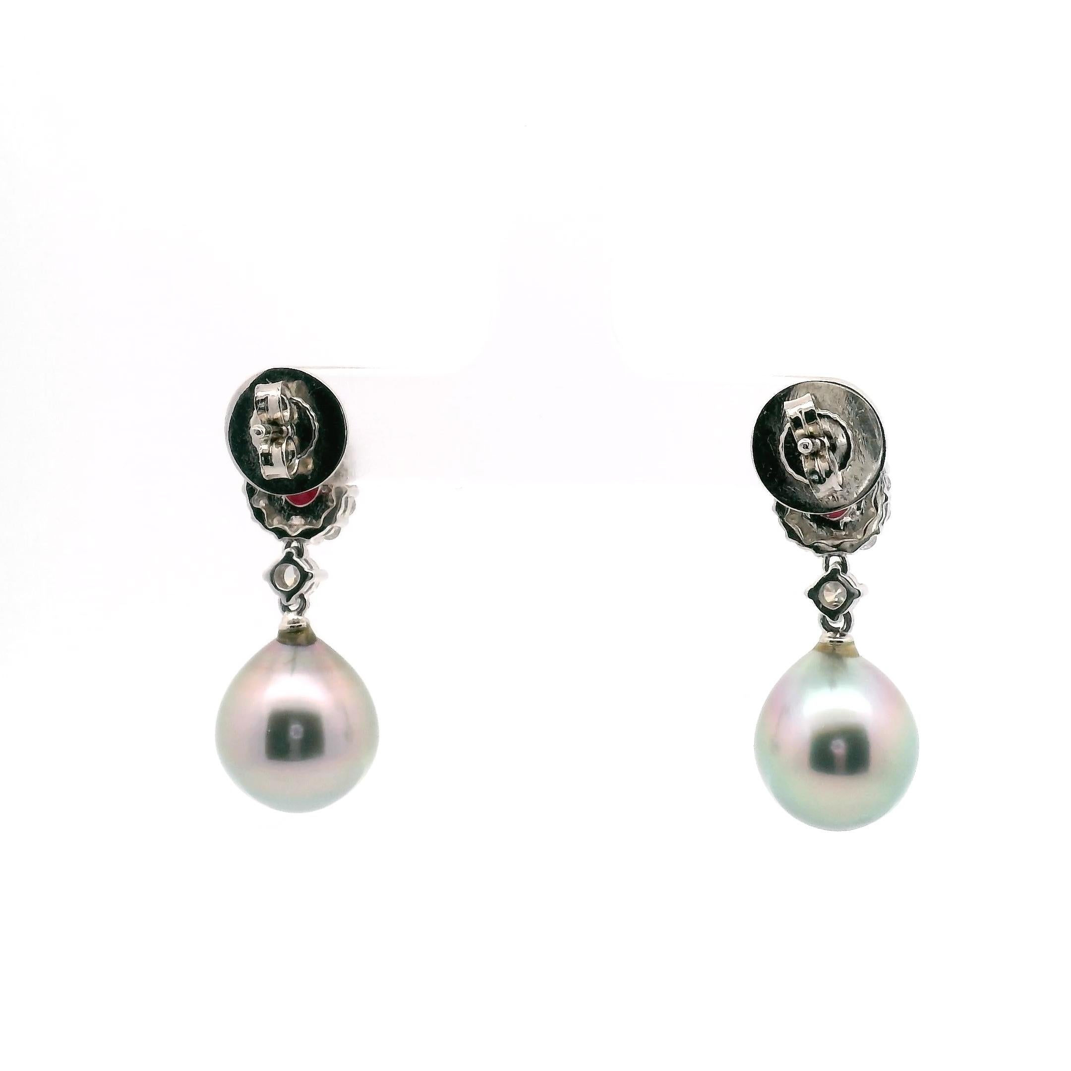 Eleganti orecchini a goccia con perle, rubini e diamanti in vendita 1