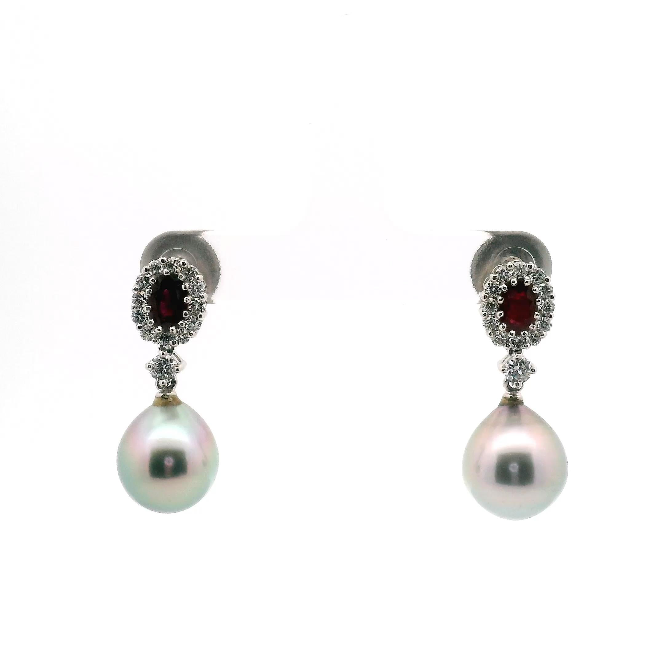 Eleganti orecchini a goccia con perle, rubini e diamanti in vendita 2