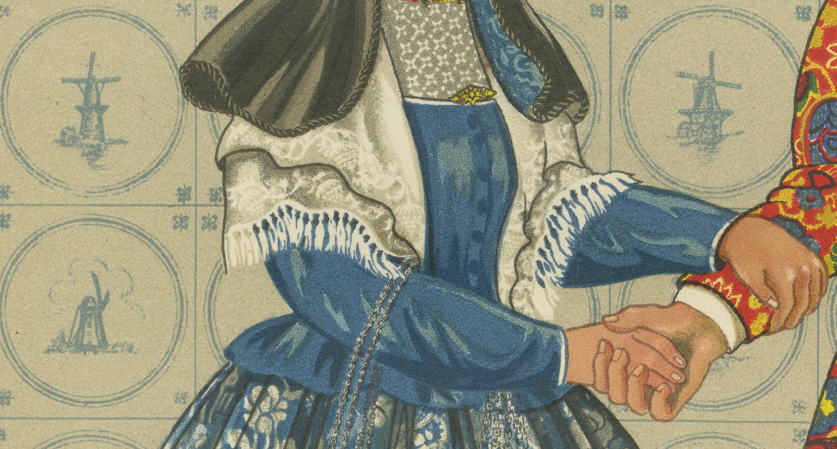 Élégant couple néerlandais en costume festif Bergen-Binnen, imprimé du début des années 1800

Cette lithographie du début du XXe siècle, richement détaillée, représente un homme et une femme de Bergen-Binnen, en Hollande du Nord, vêtus de l'habit de