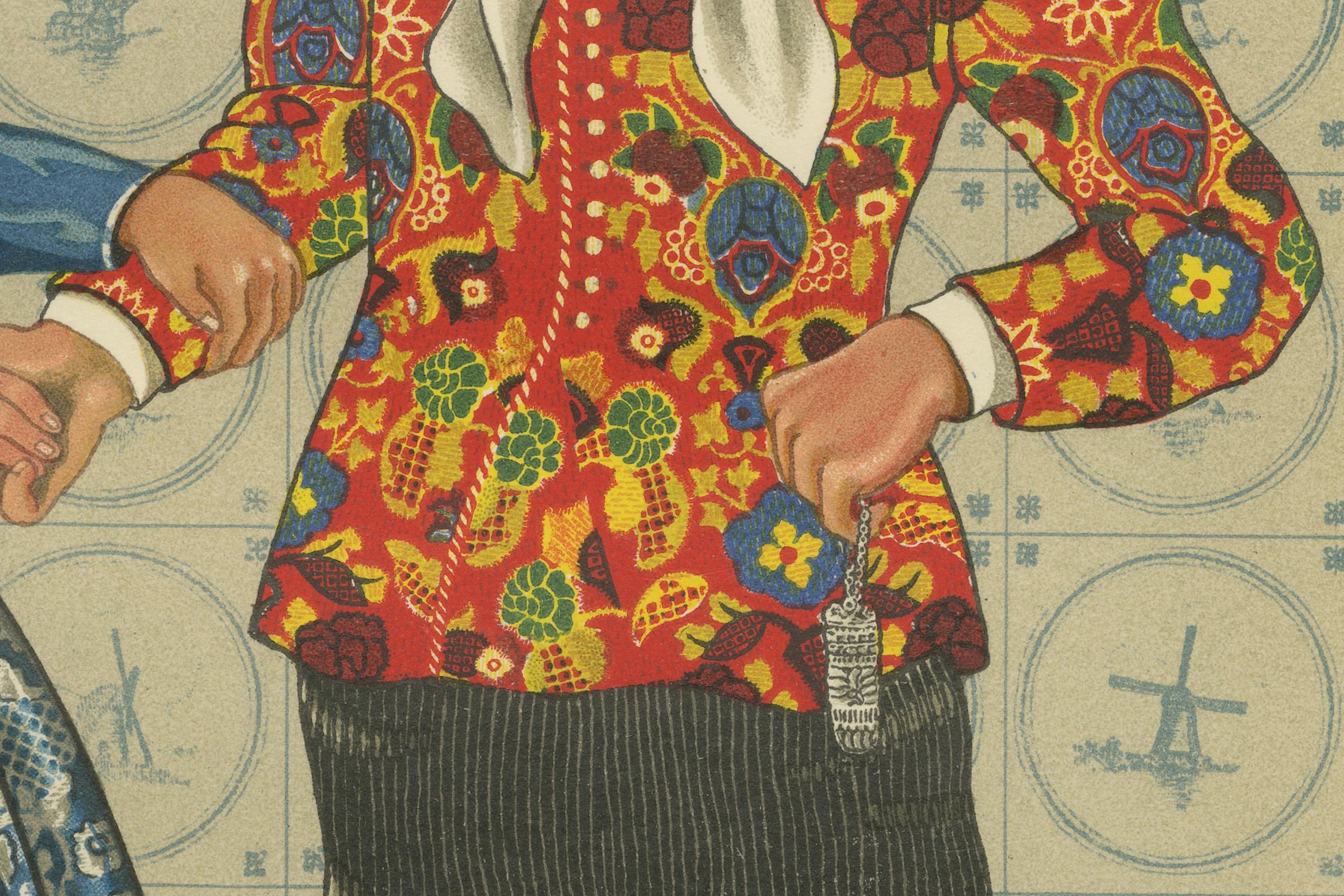 Papier Élégant couple néerlandais en costume festif Bergen-Binnen, imprimé du début des années 1800 en vente