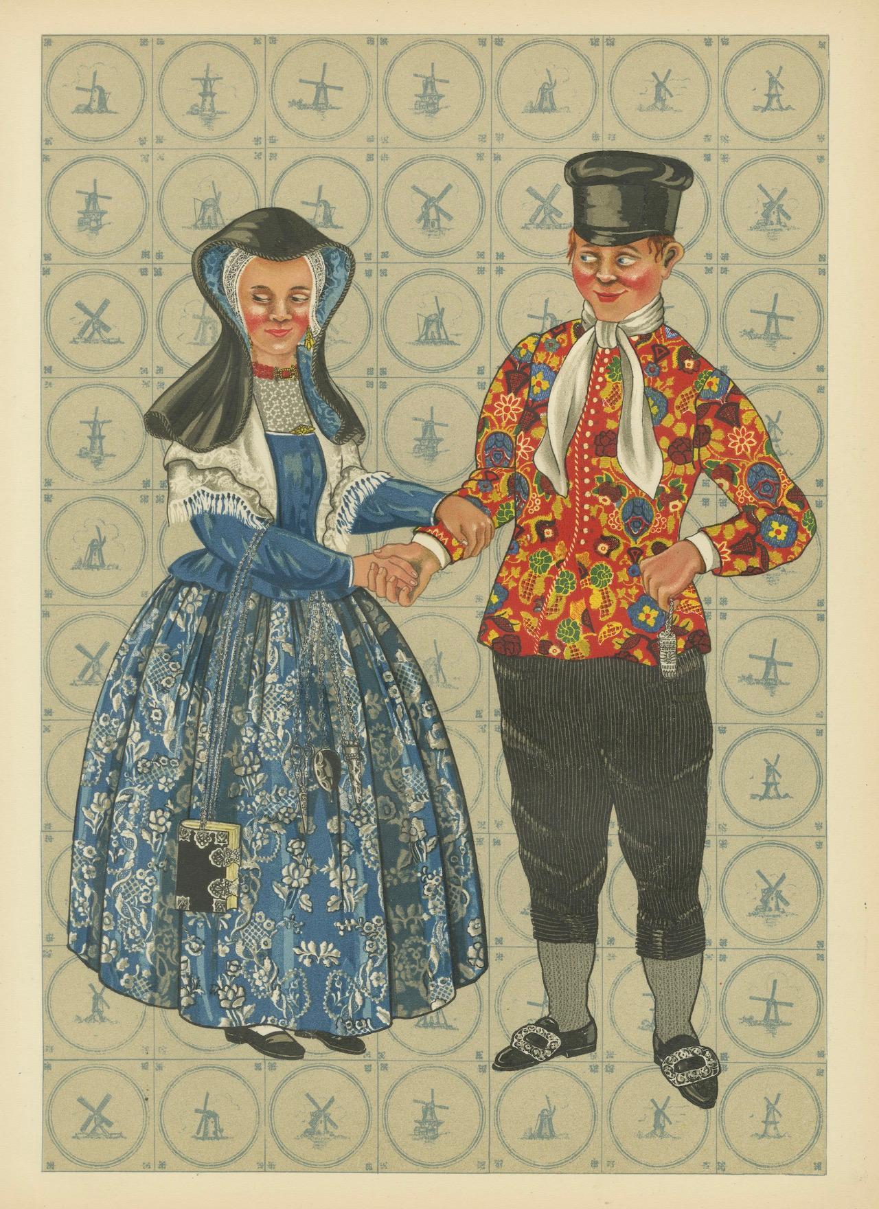 Élégant couple néerlandais en costume festif Bergen-Binnen, imprimé du début des années 1800 en vente 3