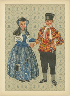 Vintage Elegant Dutch Couple in Festive Bergen-Binnen Costume, Early 1800s Print