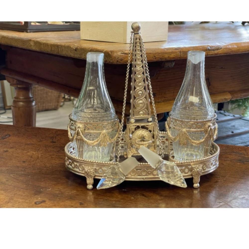 Elegant Dutch Silver and Crystal Oil and Vinegar Cruet Stand In Good Condition In Doylestown, PA