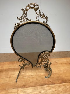Elegant Early 1900 Bronze and Wrought Iron Fire Screen with Mint Wire Mesh