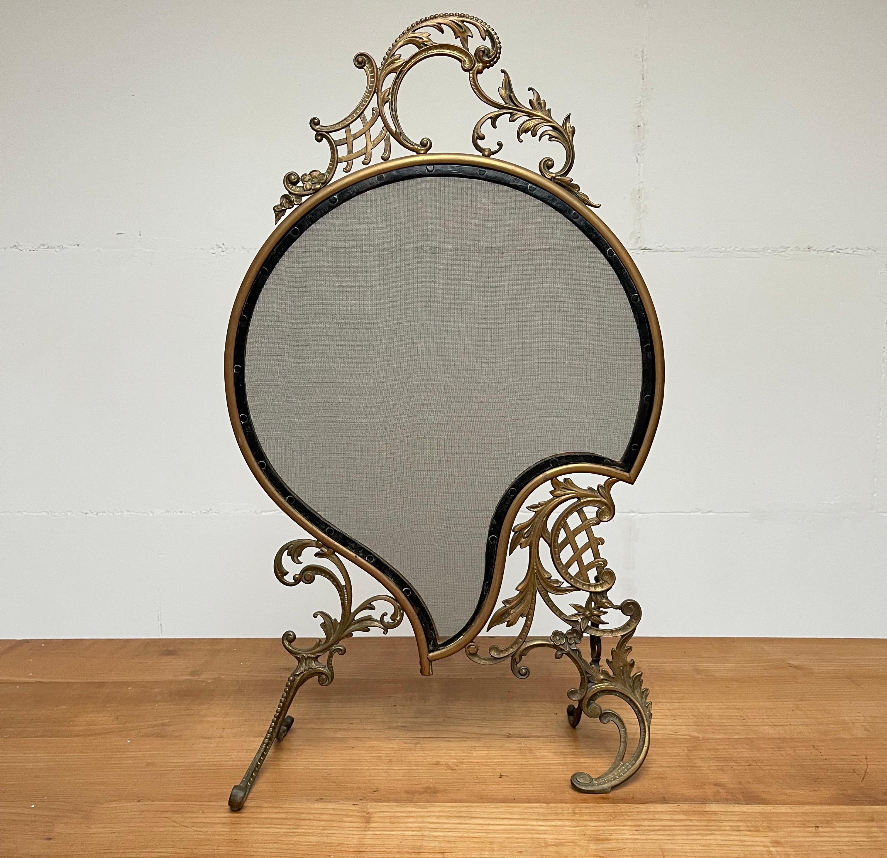 Louis XV Elegant Early 1900 Bronze and Wrought Iron Fire Screen with Mint Wire Mesh For Sale