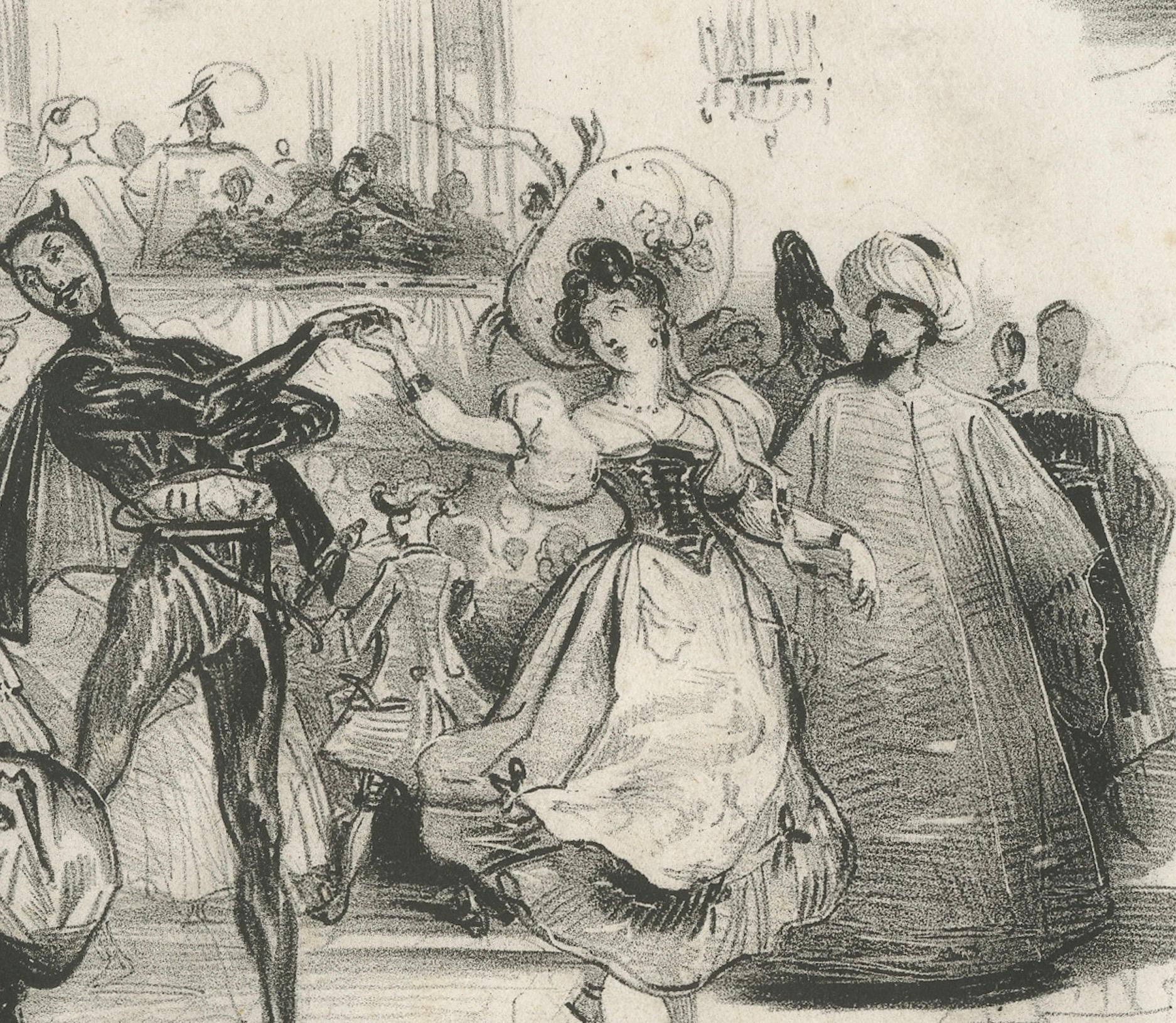 Elegante lithographie du 19e siècle d'Achille Devéria - Scène de bal  
 
Cette exquise lithographie d'Eleg Devéria (1800-1857) capture l'élégance et le charme de la société française du XIXe siècle. La scène animée représente une salle de bal en