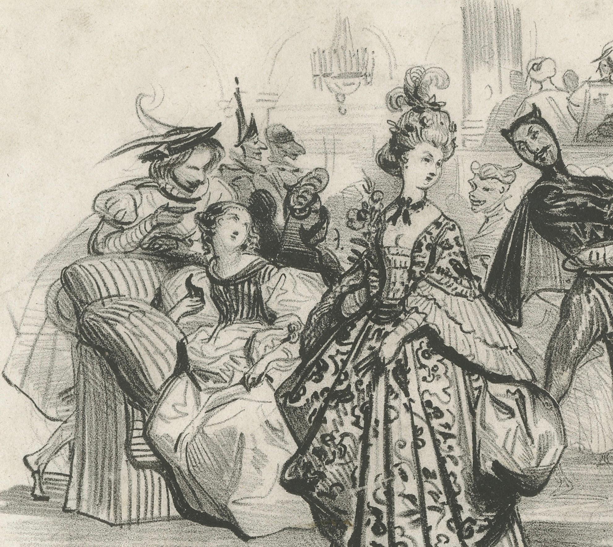 Elegante lithographie d'Achille Devéria du début du XIXe siècle - Scène de bal Bon état - En vente à Langweer, NL