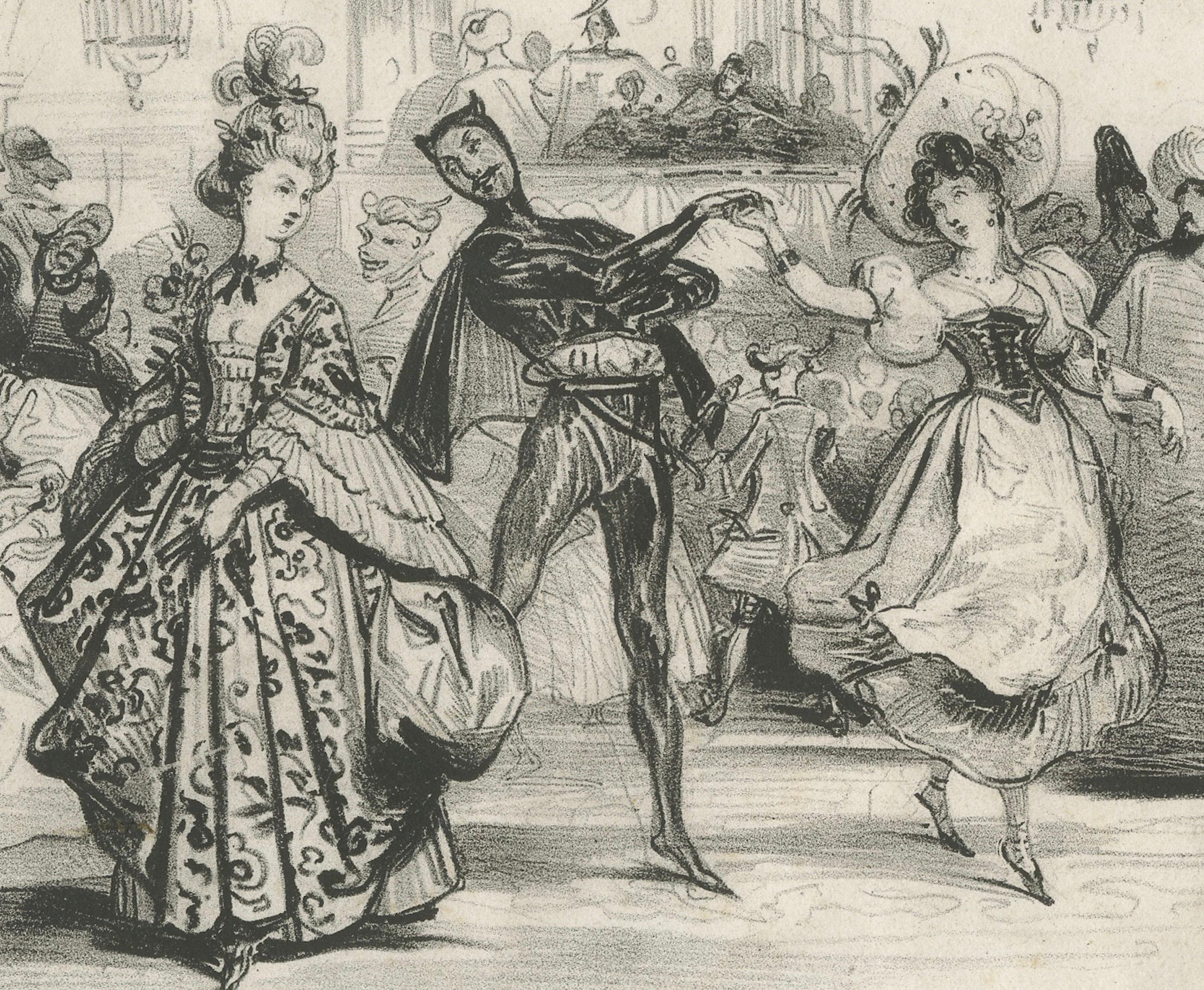 Milieu du XIXe siècle Elegante lithographie d'Achille Devéria du début du XIXe siècle - Scène de bal en vente