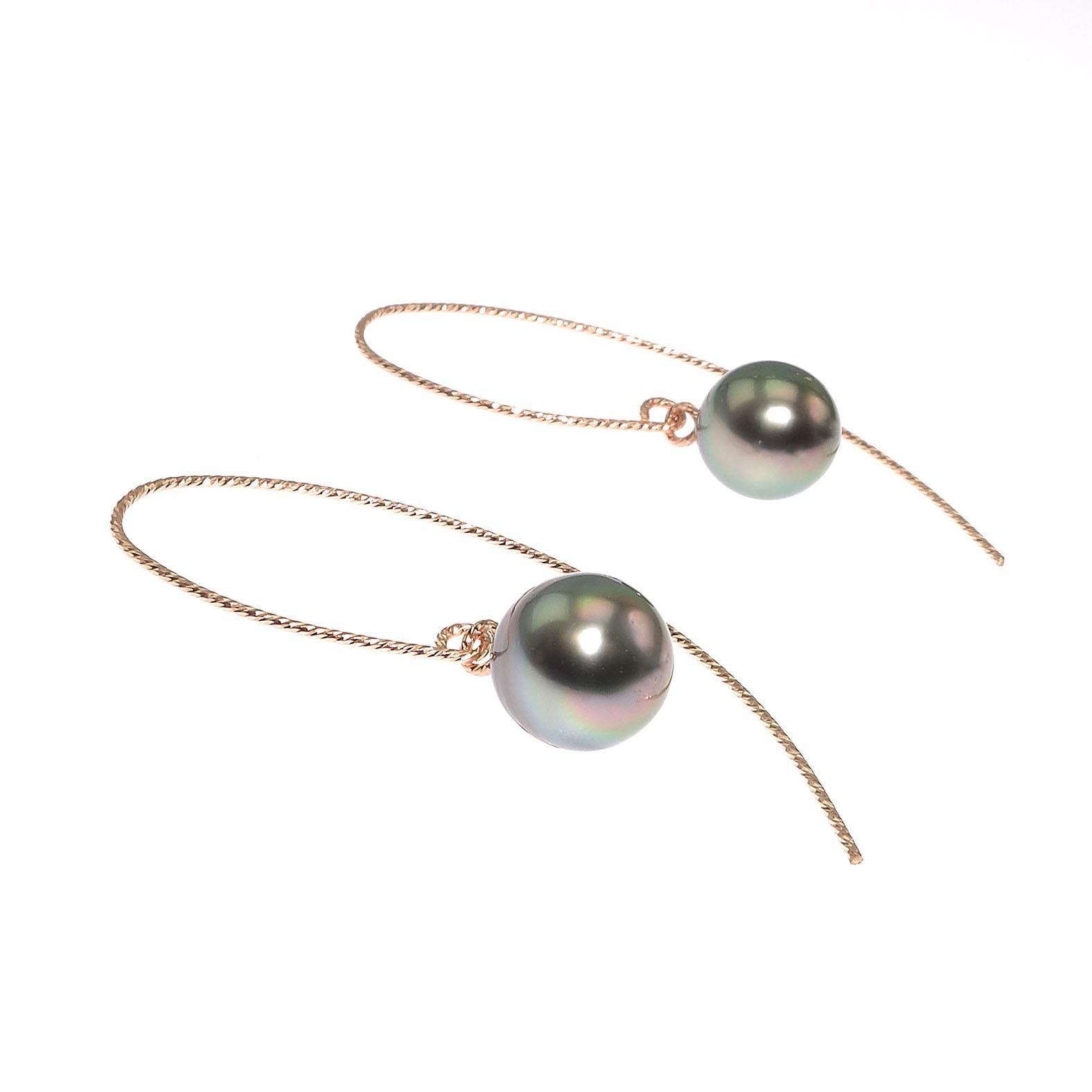 Women's or Men's Elegant Earrings of Gray Round Pearls Dangling from Rose Sterling Silver hooks