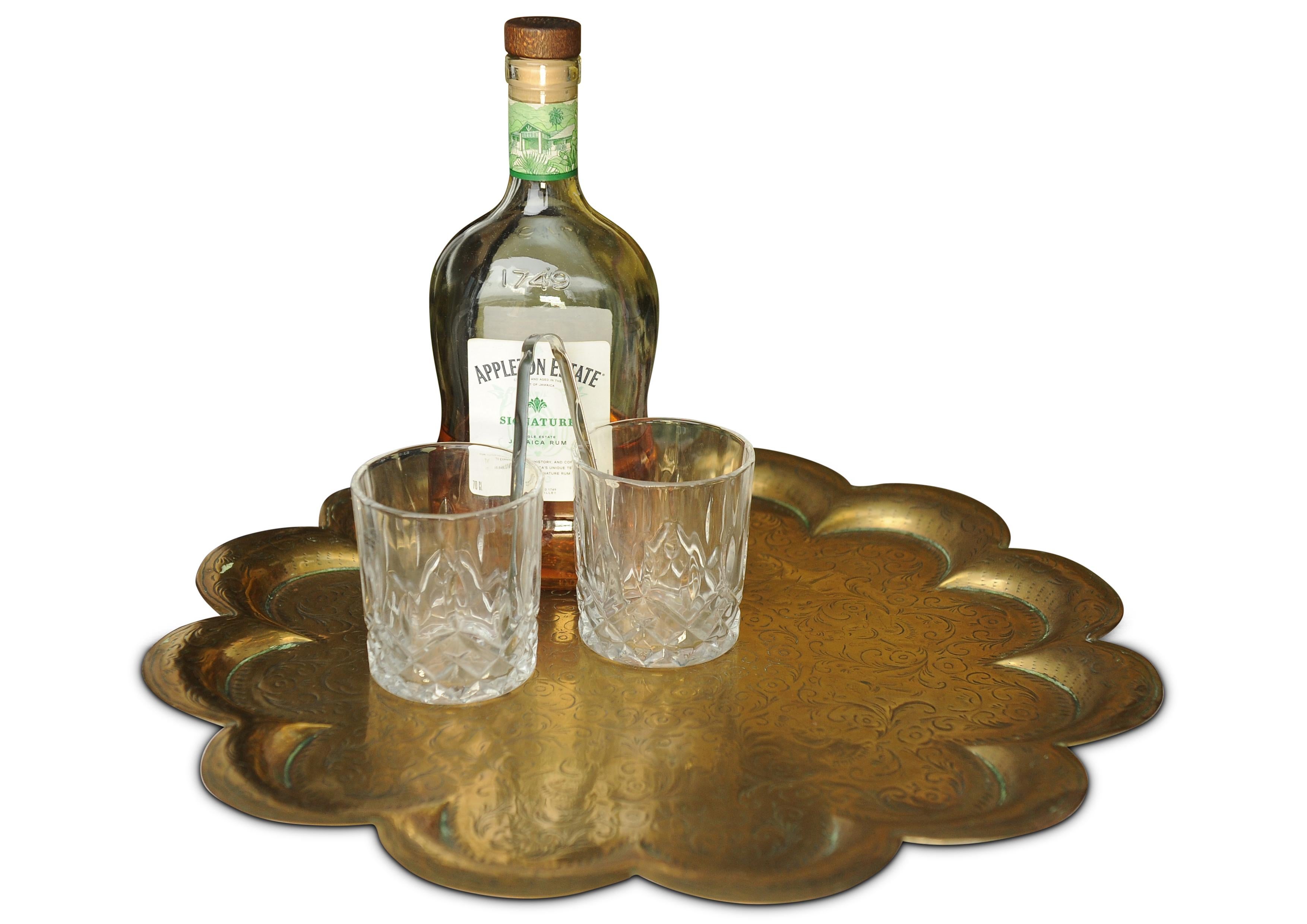 Indian Elegant Eastern Brass Drinks Table With Two Tiered Trays On An Oak Bobbin Base For Sale