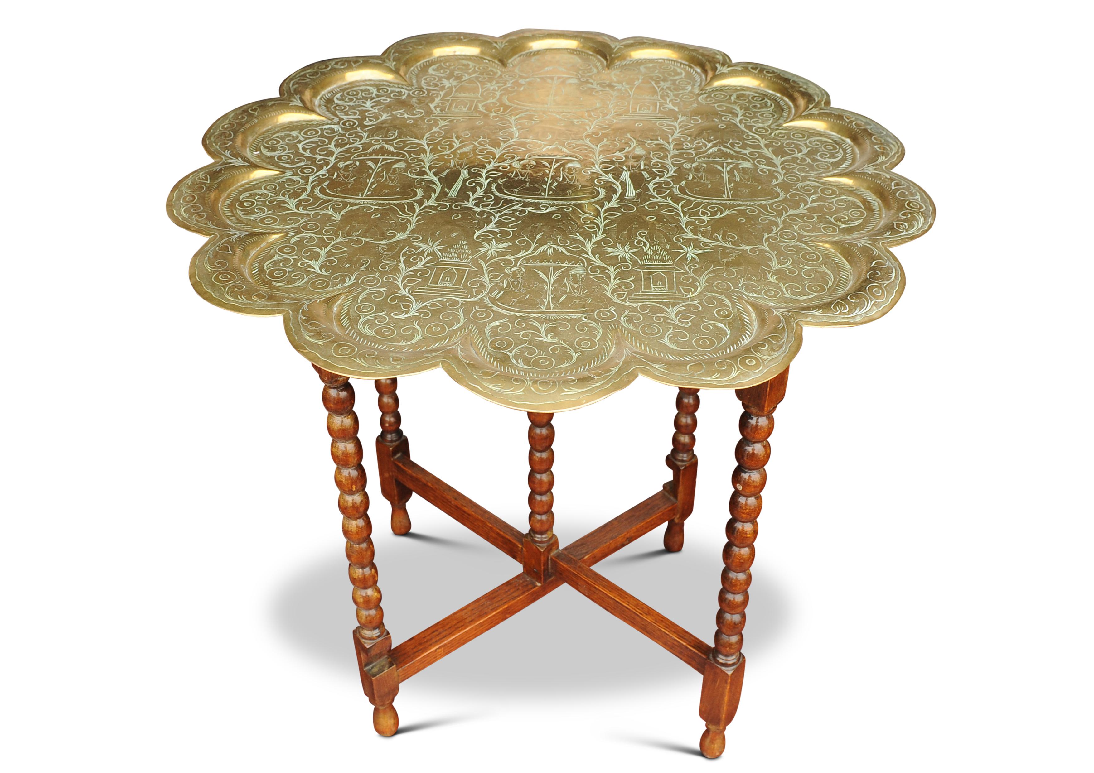 Anglo-Indian Elegant Eastern Brass Drinks Table With Two Tiered Trays On An Oak Bobbin Base For Sale