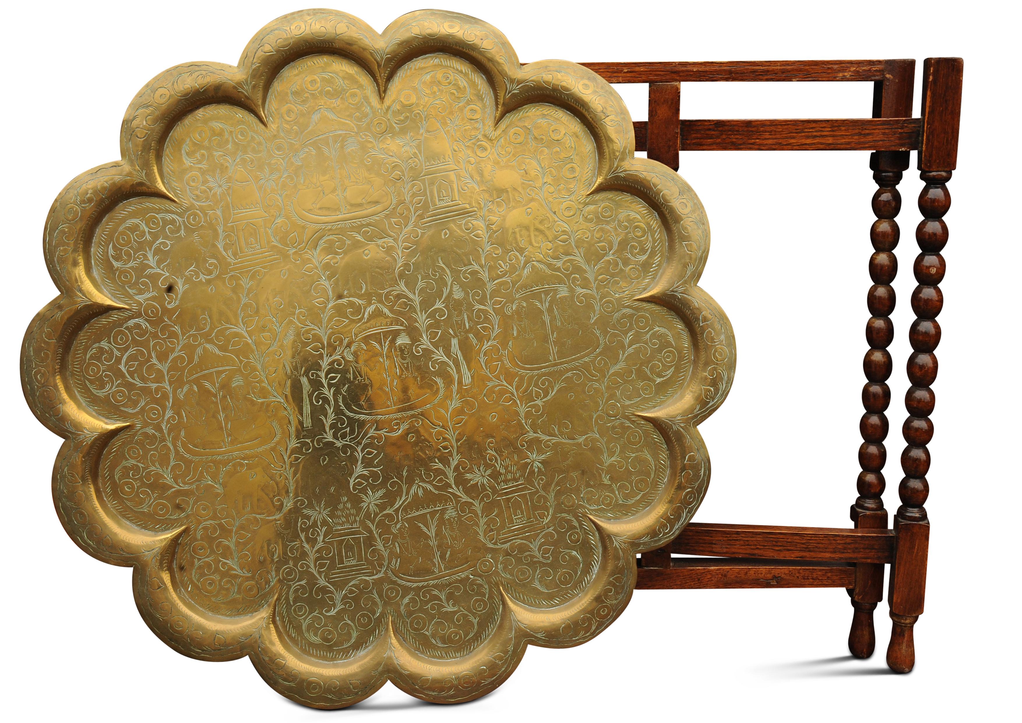 19th Century Elegant Eastern Brass Drinks Table With Two Tiered Trays On An Oak Bobbin Base For Sale