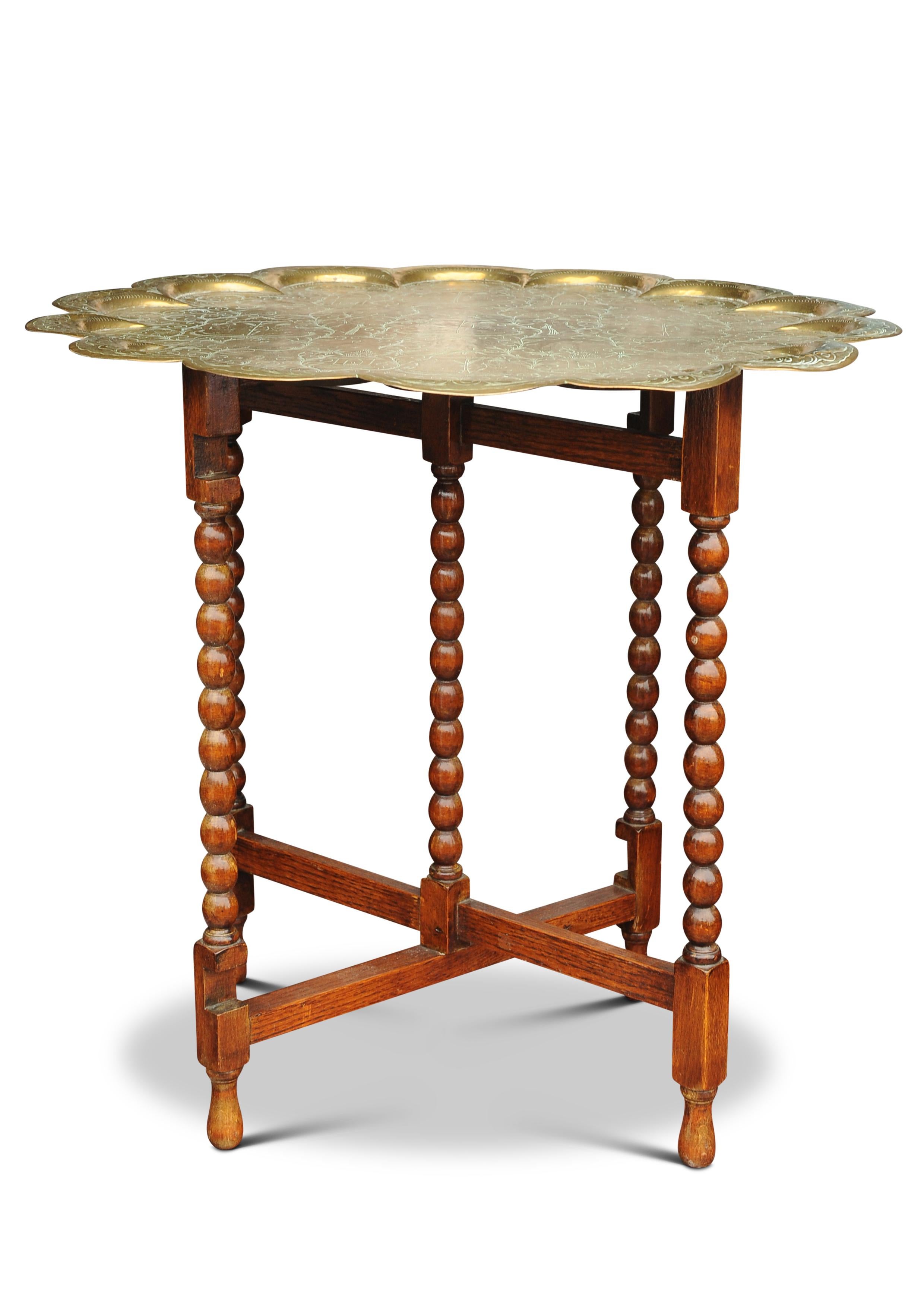 Elegant Eastern Brass Drinks Table With Two Tiered Trays On An Oak Bobbin Base For Sale 2