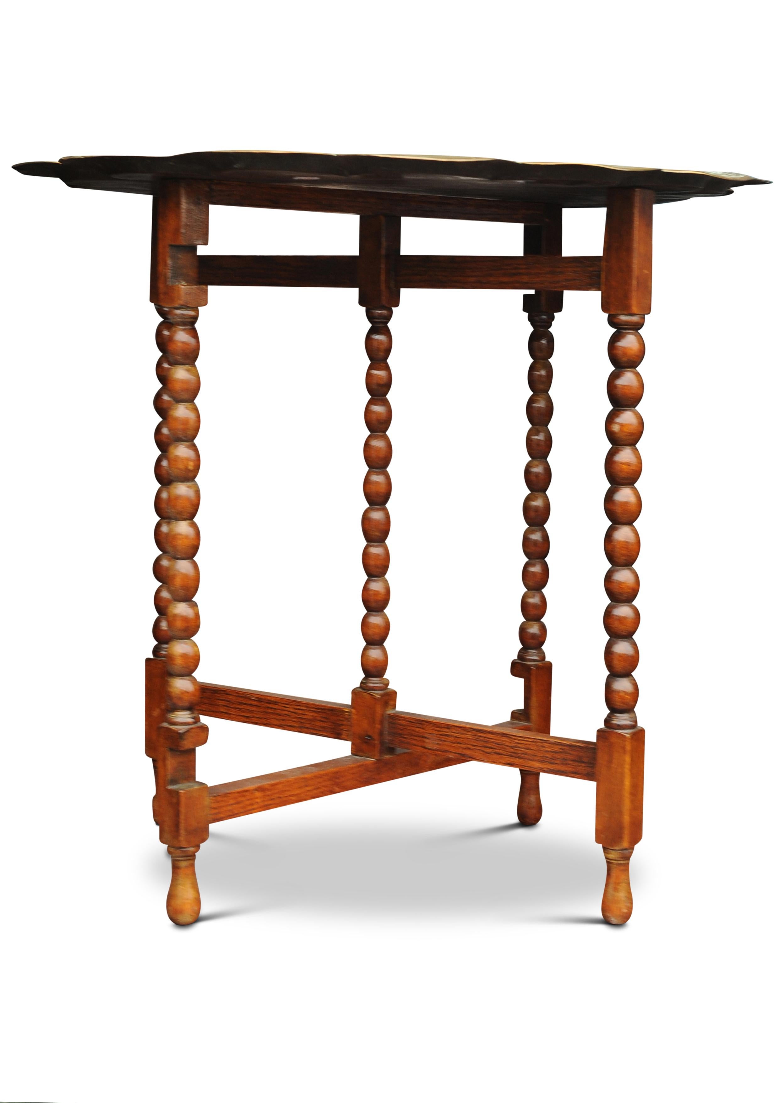 Elegant Eastern Brass Drinks Table With Two Tiered Trays On An Oak Bobbin Base For Sale 3