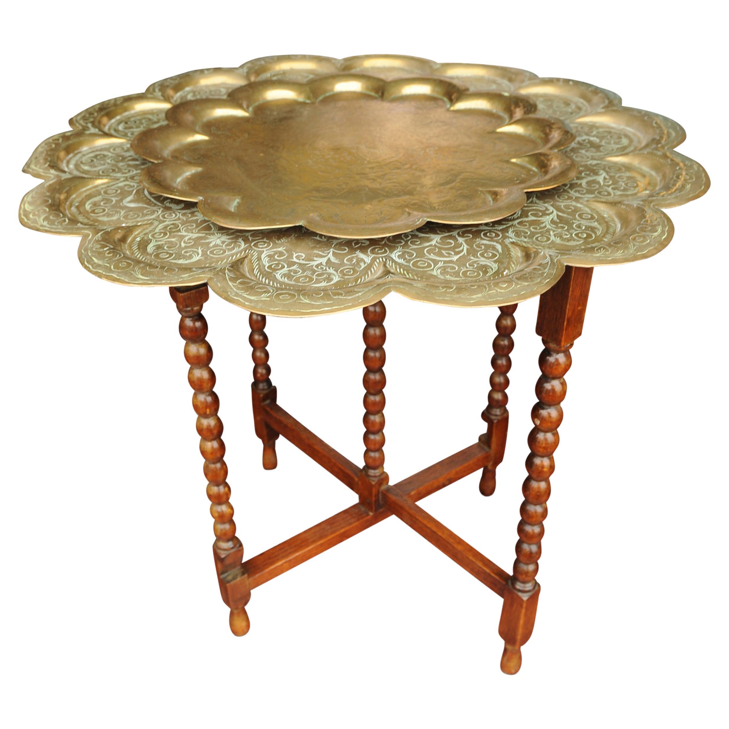 Inlay Elegant Eastern Brass Drinks Table With Two Tiered Trays On An Oak Bobbin Base For Sale
