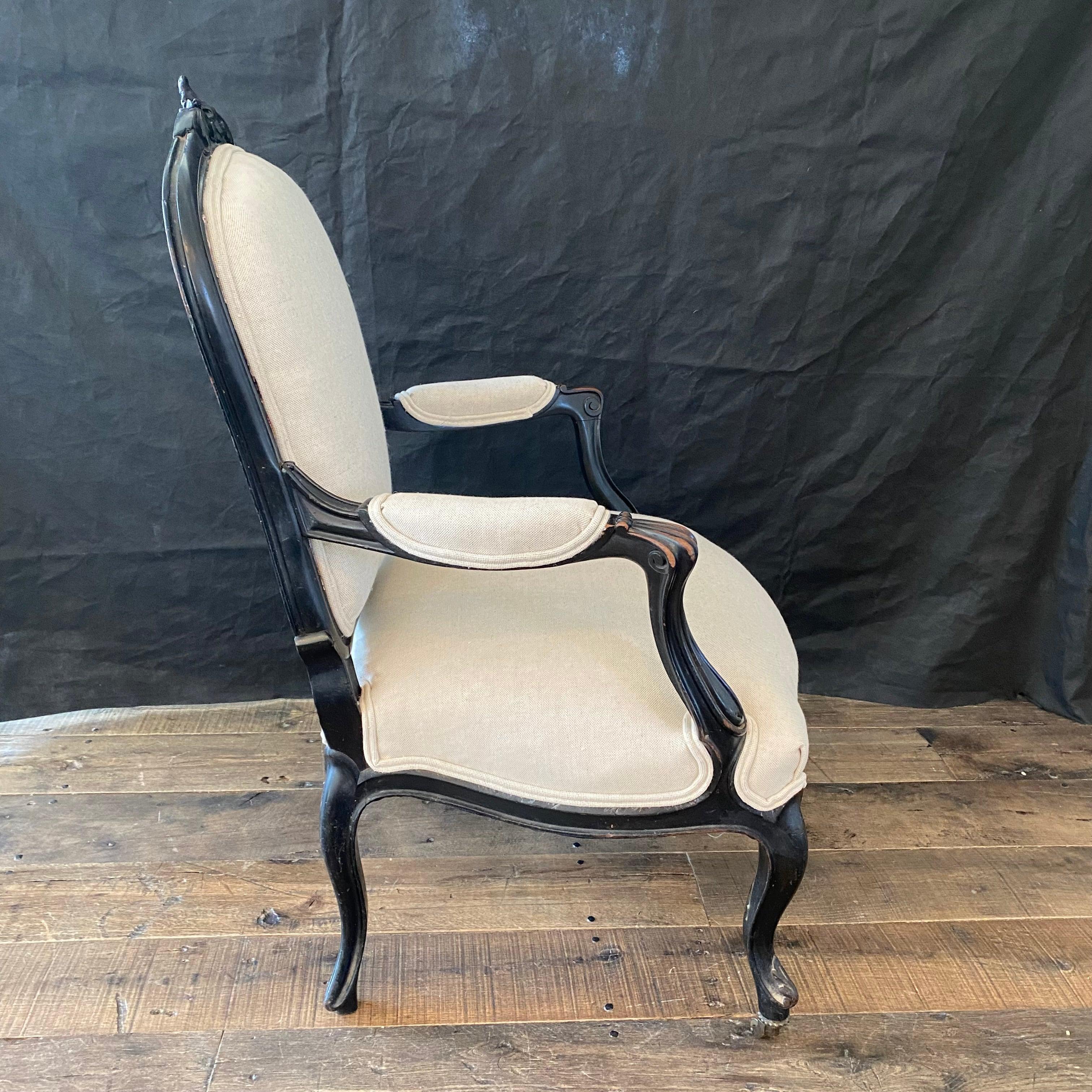French Elegant Ebonized Napoleon III Armchair with New Upholstery For Sale