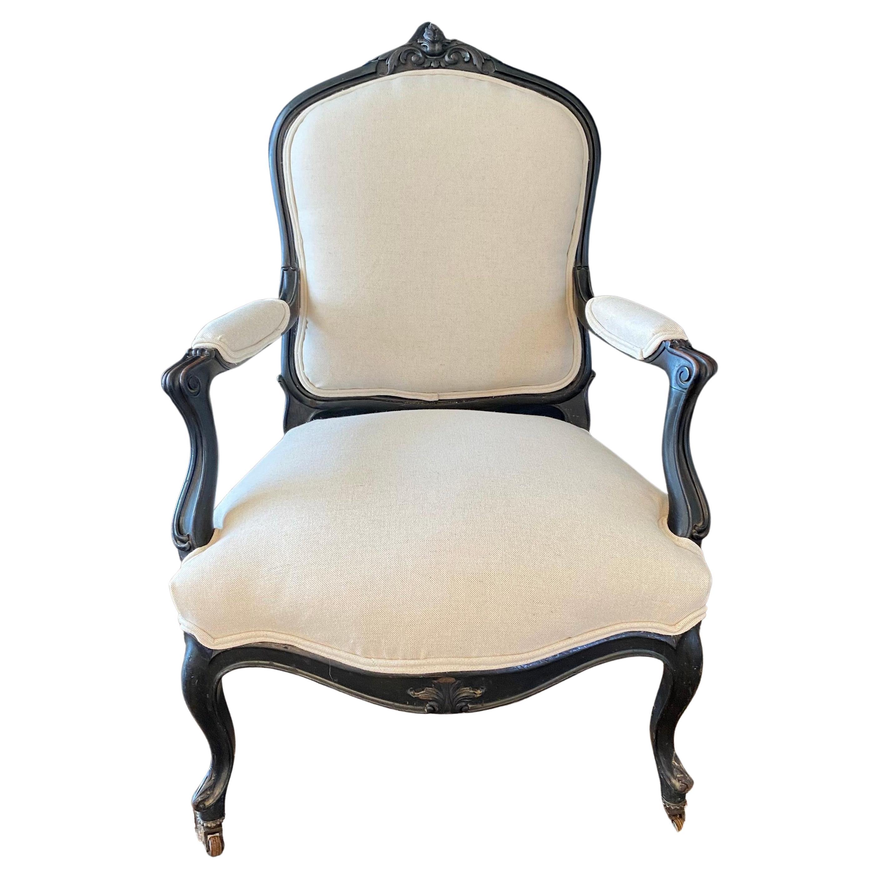 Elegant Ebonized Napoleon III Armchair with New Upholstery For Sale