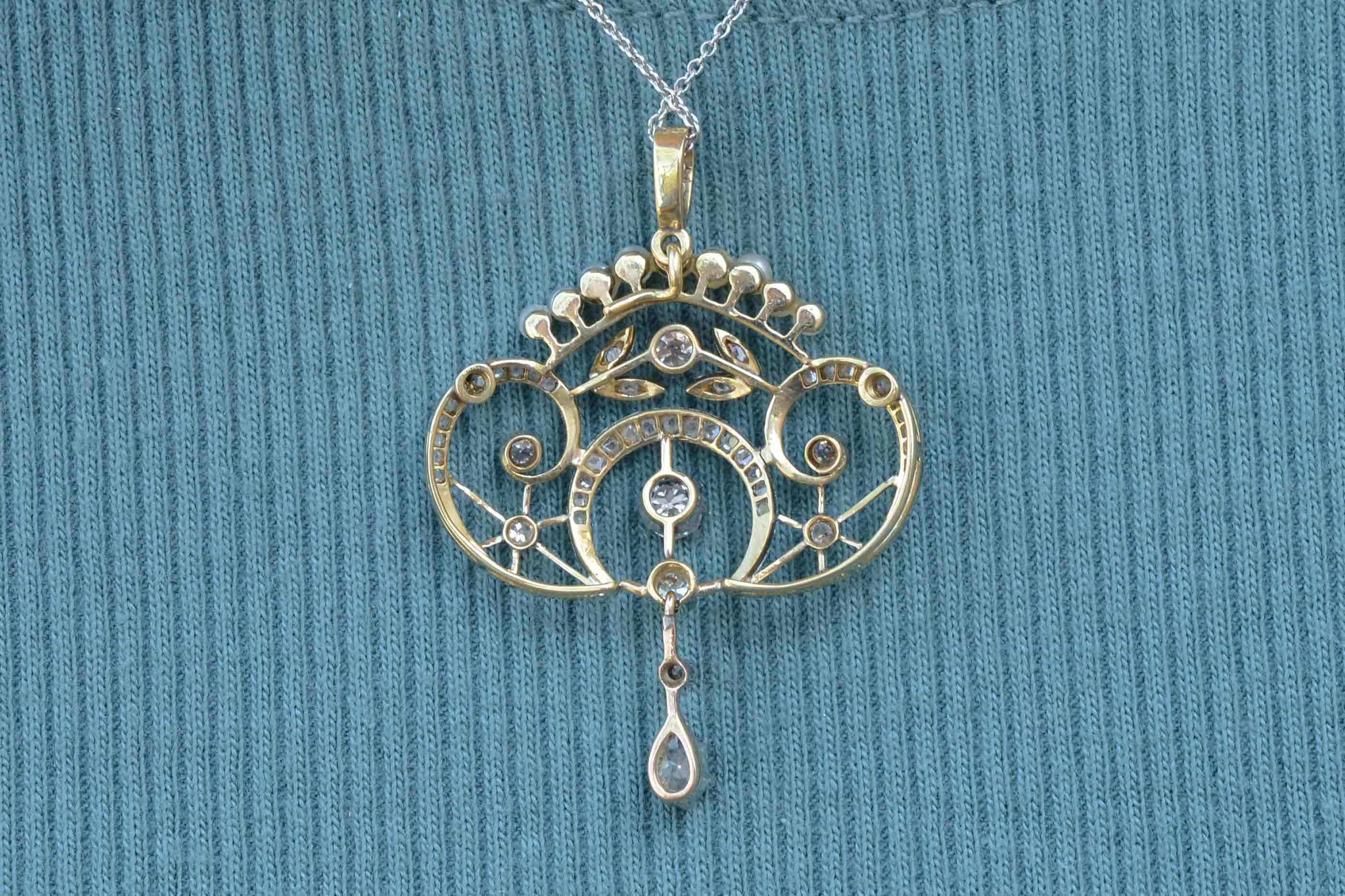 Old Mine Cut Elegant Edwardian Diamond Natural Pearl Pendant Necklace Platinum Filigree Crown