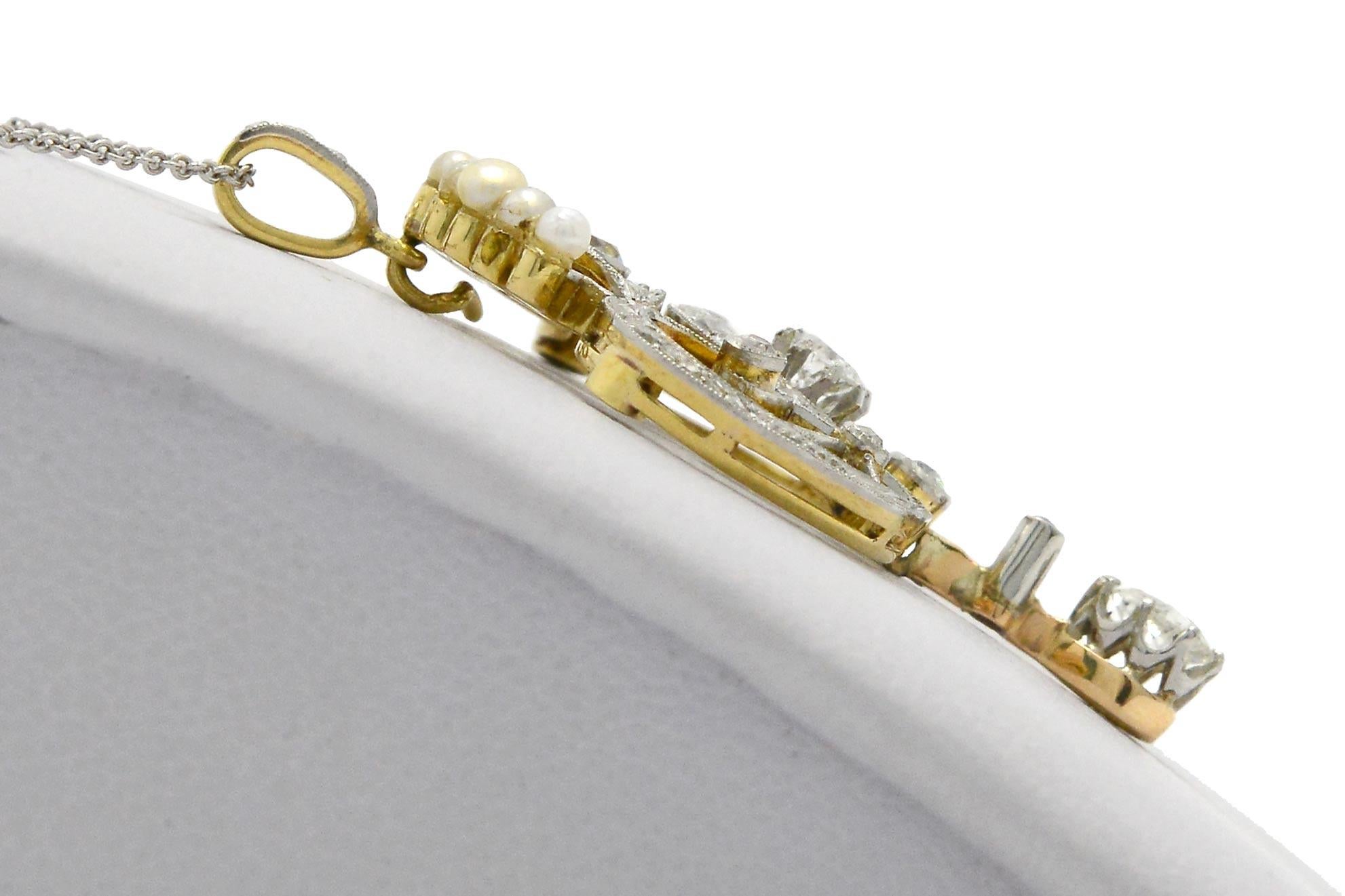 Elegant Edwardian Diamond Natural Pearl Pendant Necklace Platinum Filigree Crown In Good Condition In Santa Barbara, CA