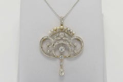 Elegant Edwardian Diamond Natural Pearl Pendant Necklace Platinum Filigree Crown