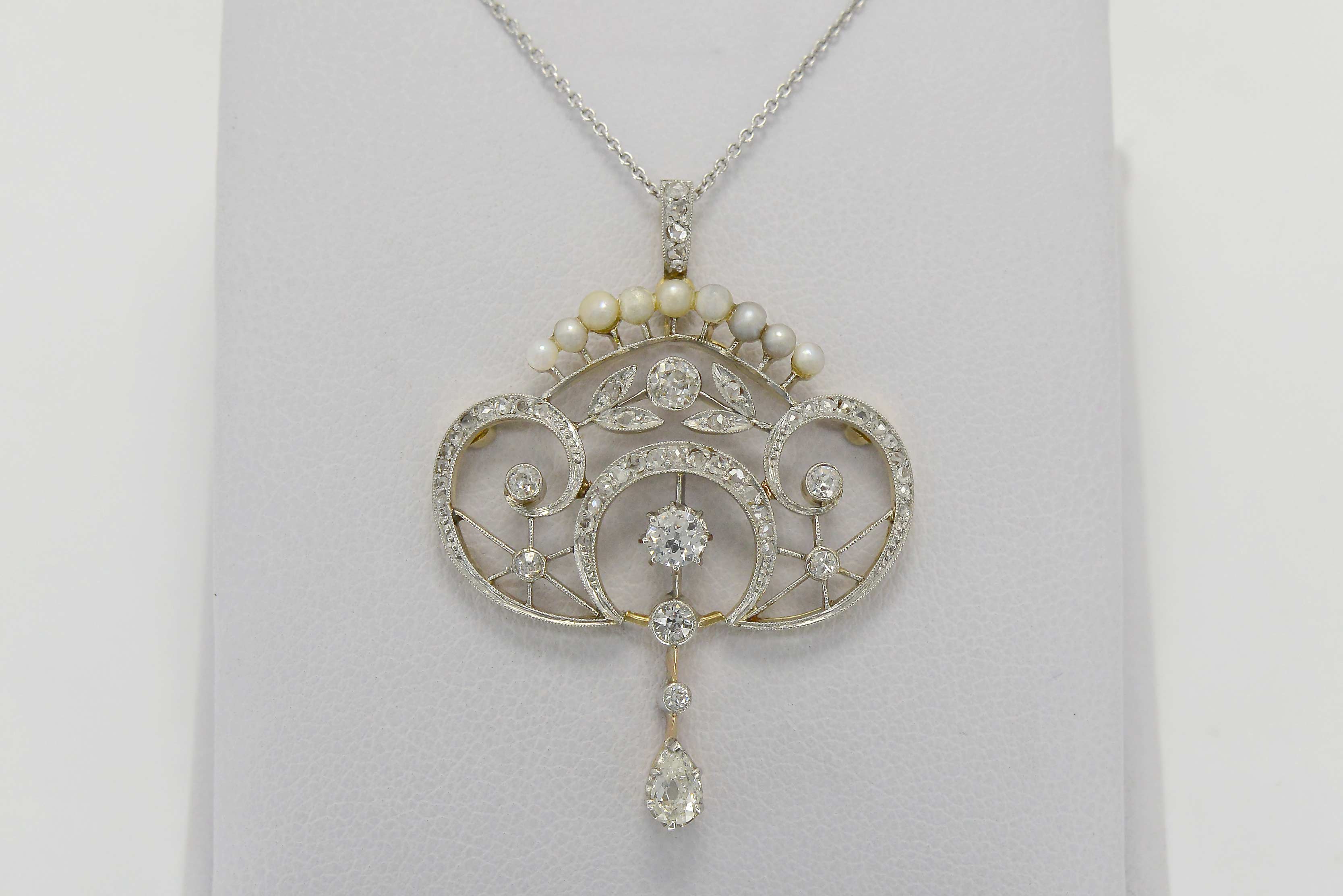 Elegant Edwardian Diamond Natural Pearl Pendant Necklace Platinum Filigree Crown