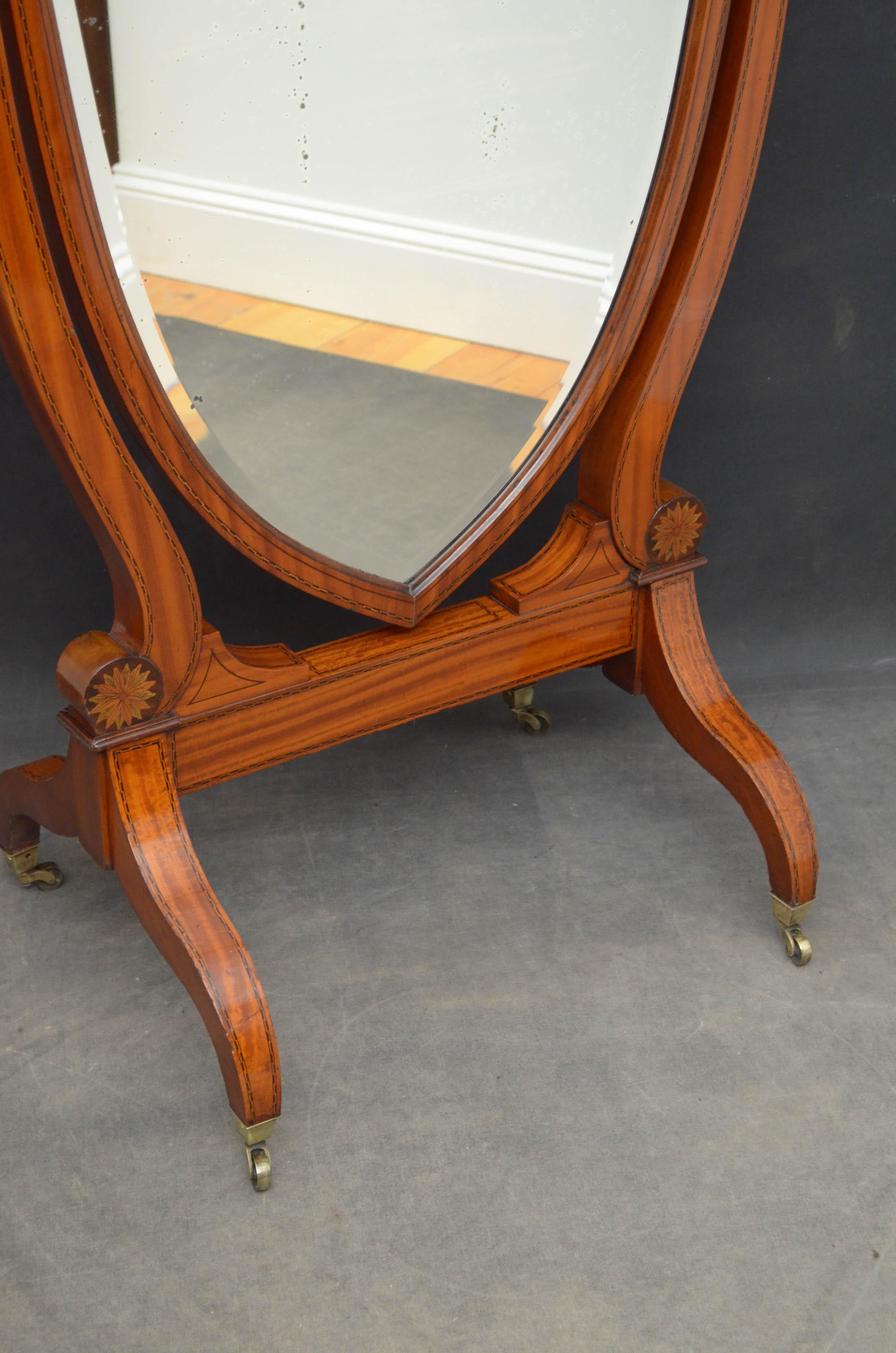 English Elegant Edwardian Inlaid Satinwood Cheval Mirror For Sale
