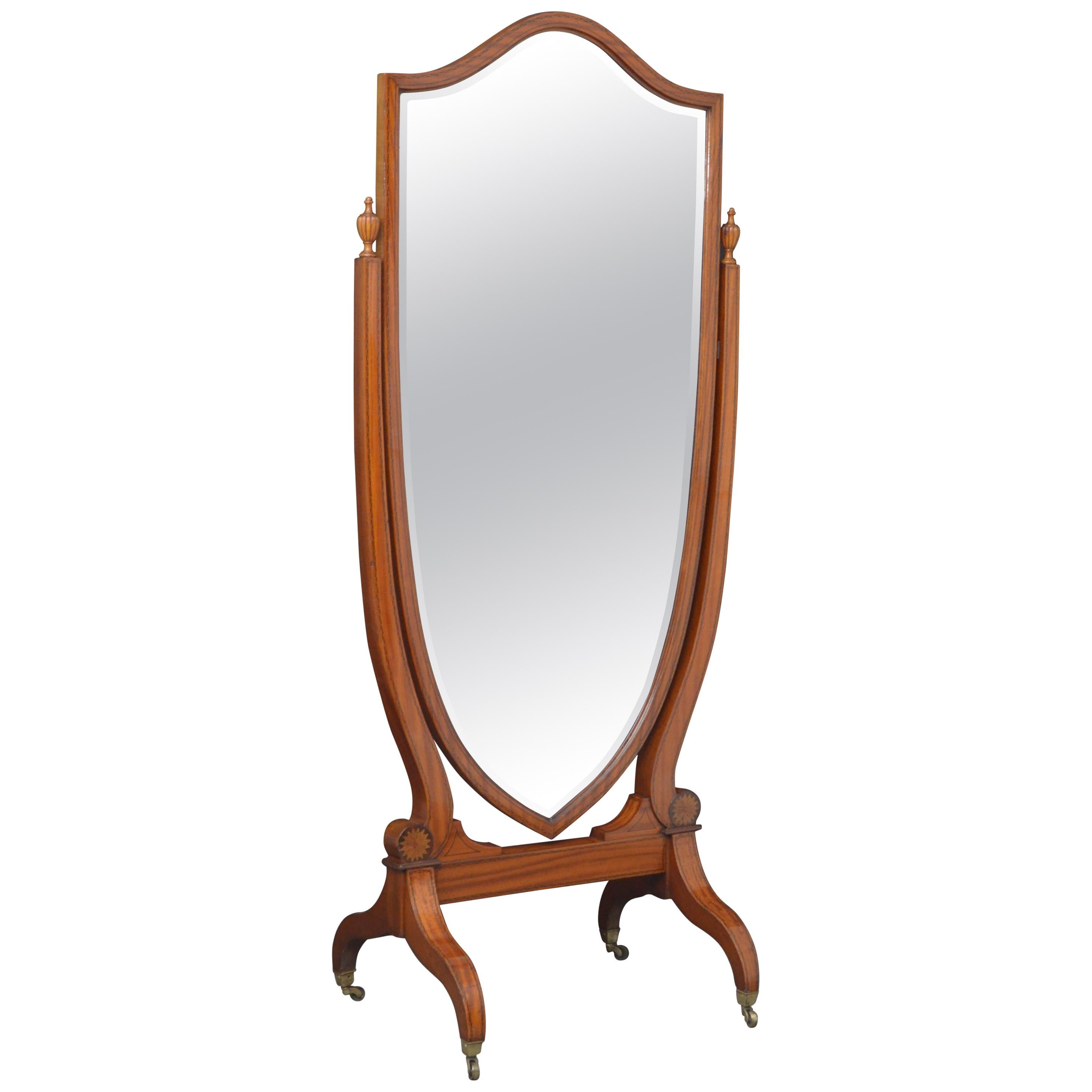 Elegant Edwardian Inlaid Satinwood Cheval Mirror