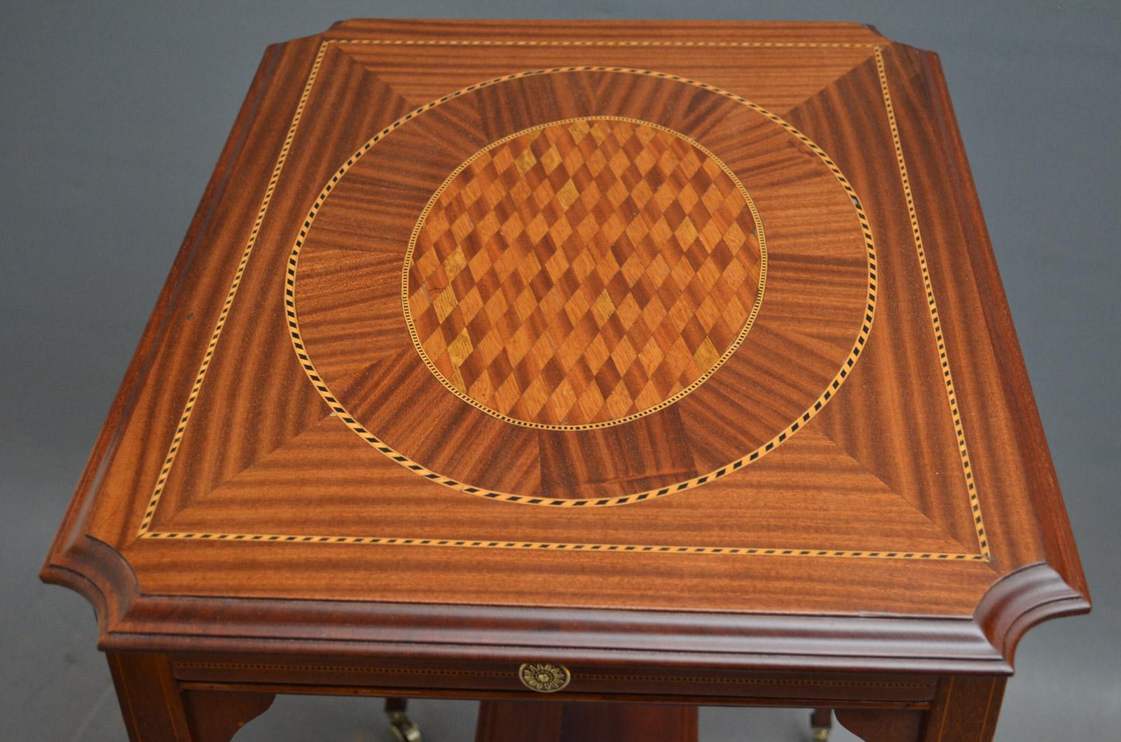 Sn3893, A very attractive Edwardian, mahogany table, having shaped top with geometrically inlaid top, practical frieze drawer and string inlaid legs united by undertier, all in wonderful condition throughout, ready to place at home, circa