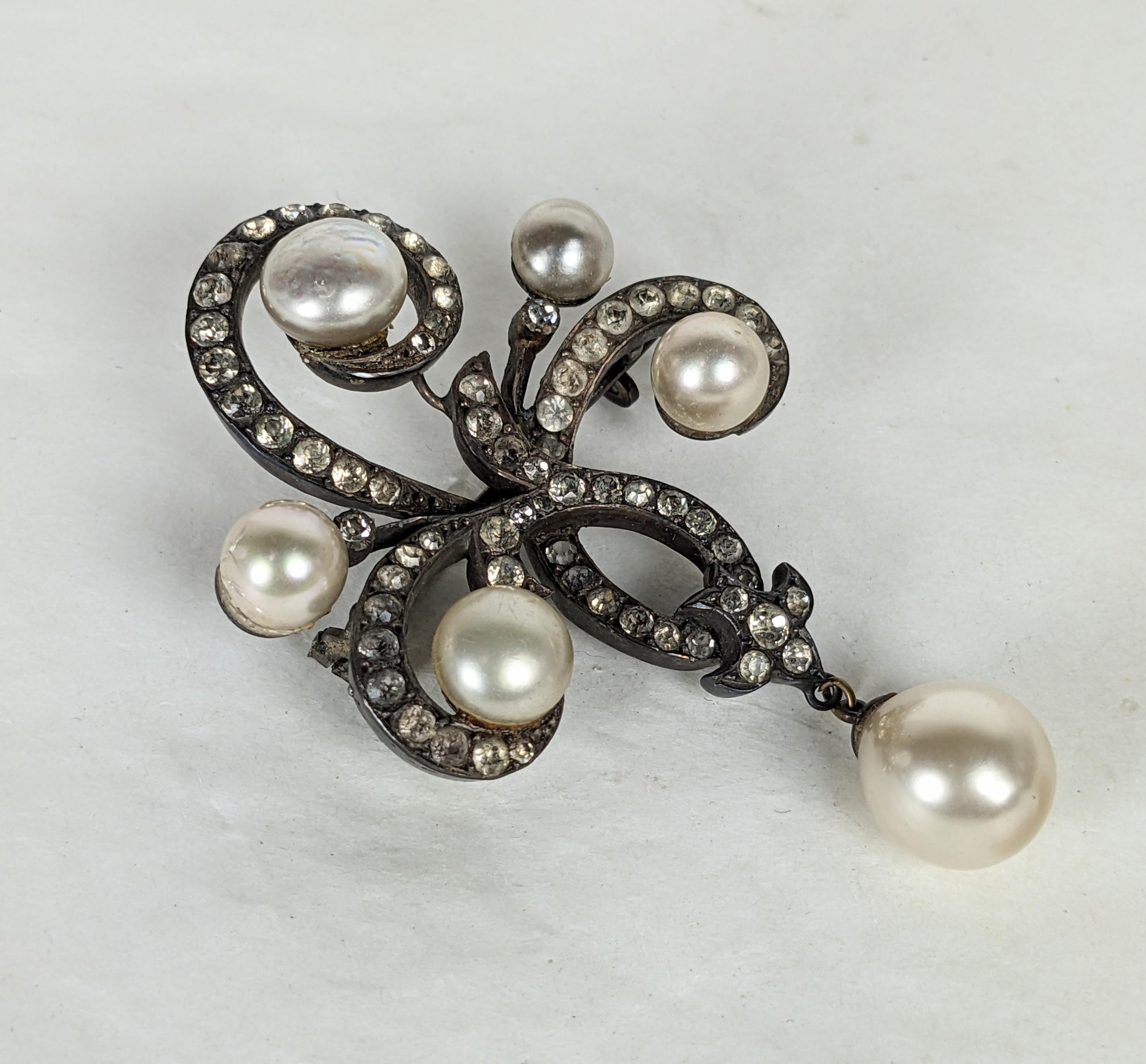 Women's or Men's Elegant Edwardian Paste and Faux Pearl Brooch For Sale