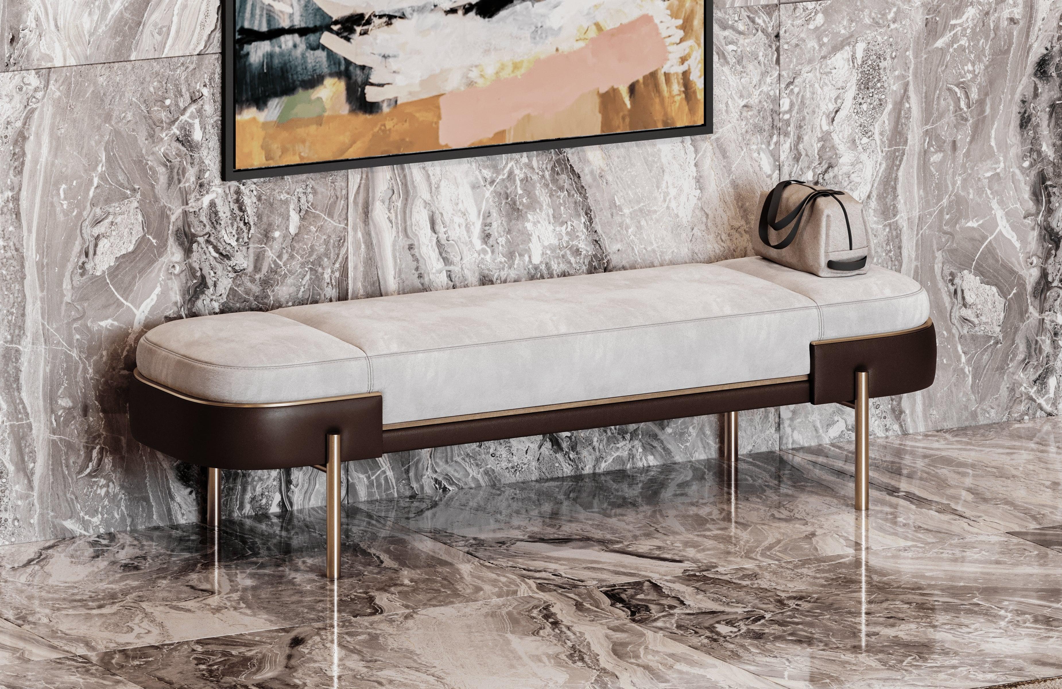 Elara bench, crafted from sleek metal and soft upholstery, is a modern retreat in any setting. Its clean lines and comfortable design invite you to pause and unwind. Whether you're sharing a moment with a friend or taking in the surroundings, Elara