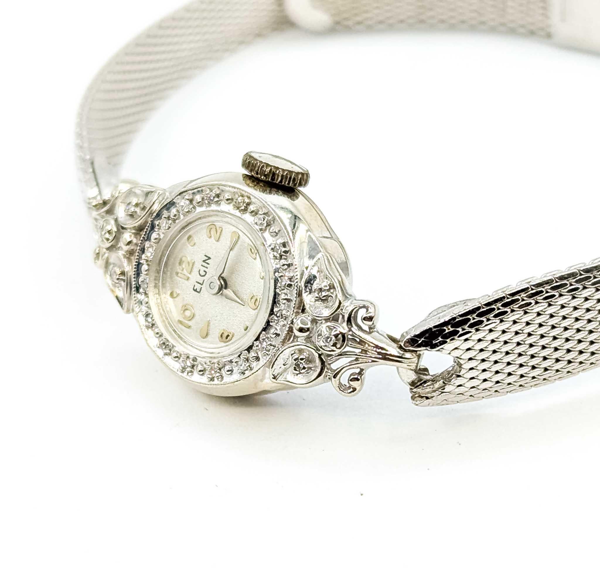 Art Déco Eleg Elgin Orologio da polso a carica automatica in oro bianco 14k con diamanti in vendita