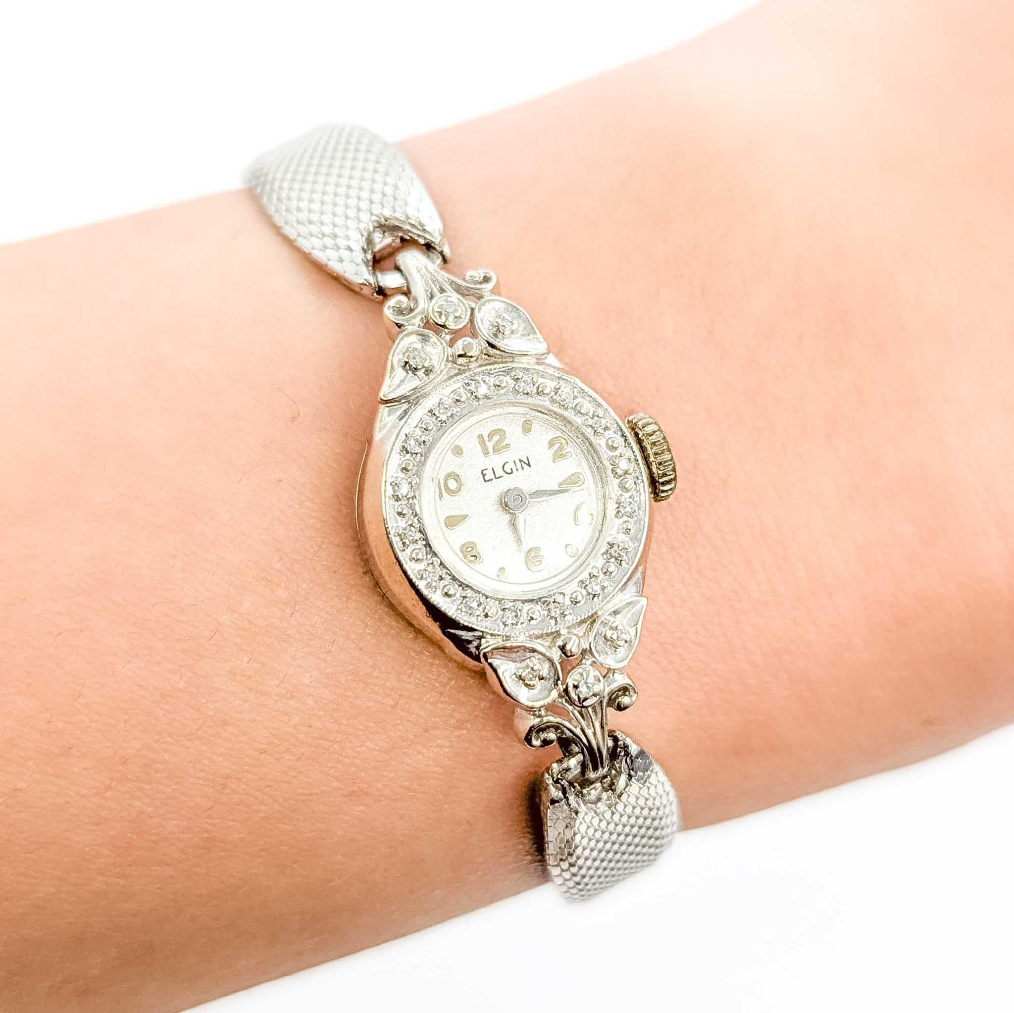 Taglio singolo Eleg Elgin Orologio da polso a carica automatica in oro bianco 14k con diamanti in vendita