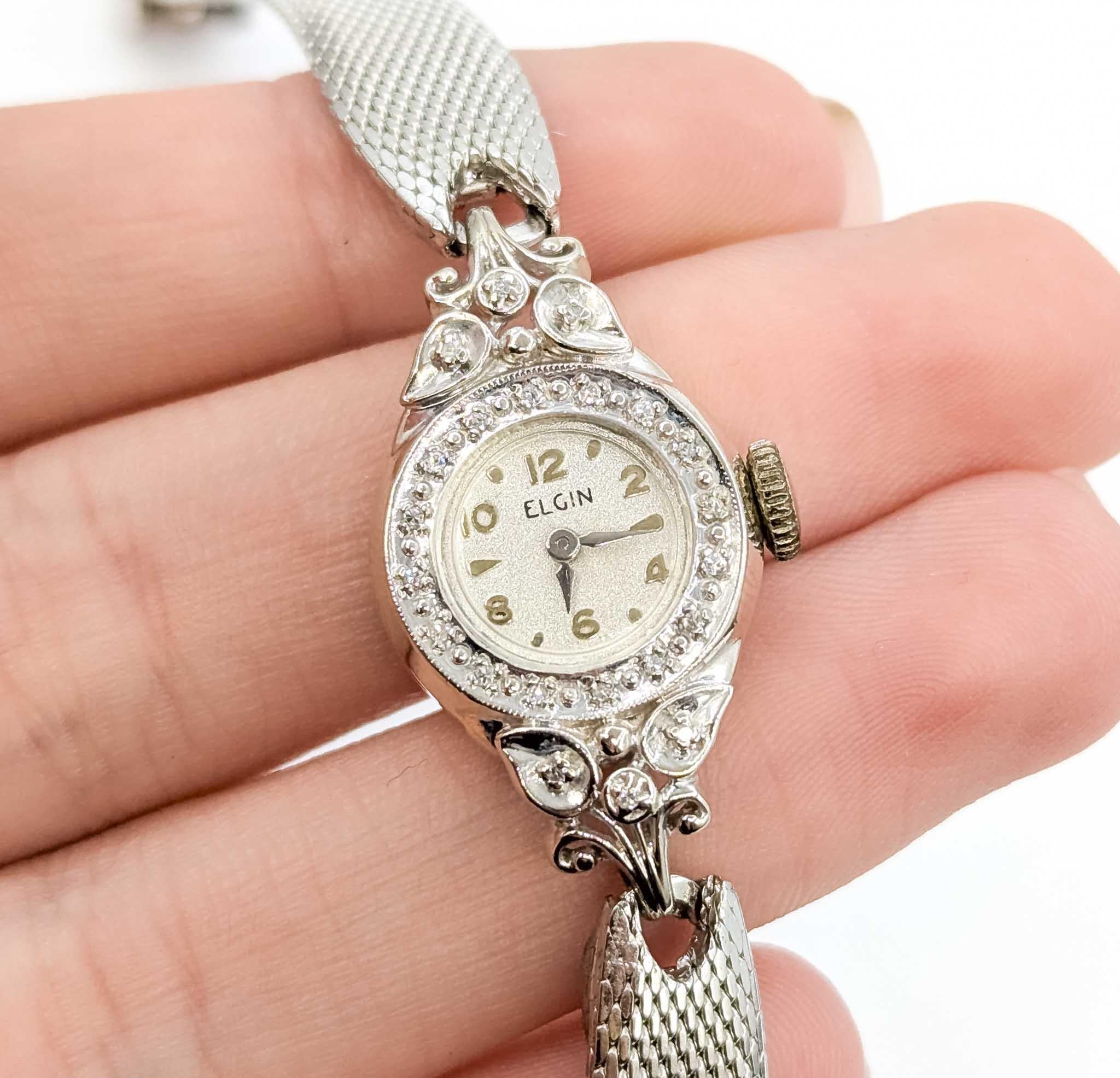 Eleg Elgin Orologio da polso a carica automatica in oro bianco 14k con diamanti In condizioni ottime in vendita a Bloomington, MN